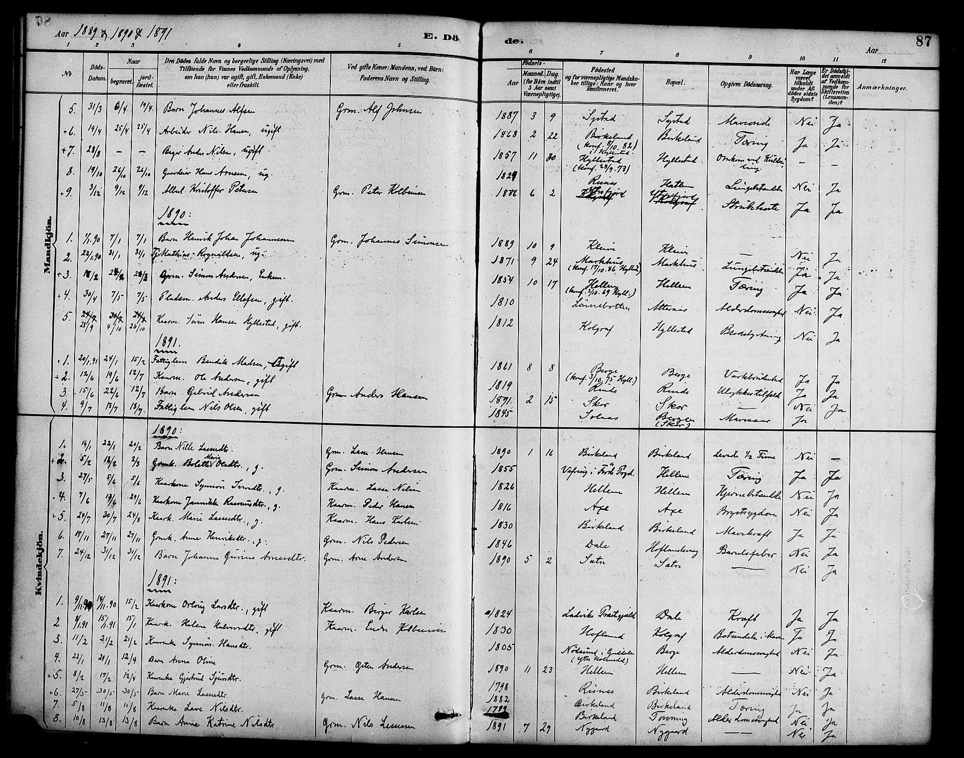 Hyllestad sokneprestembete, SAB/A-80401: Parish register (official) no. B 1, 1886-1904, p. 87