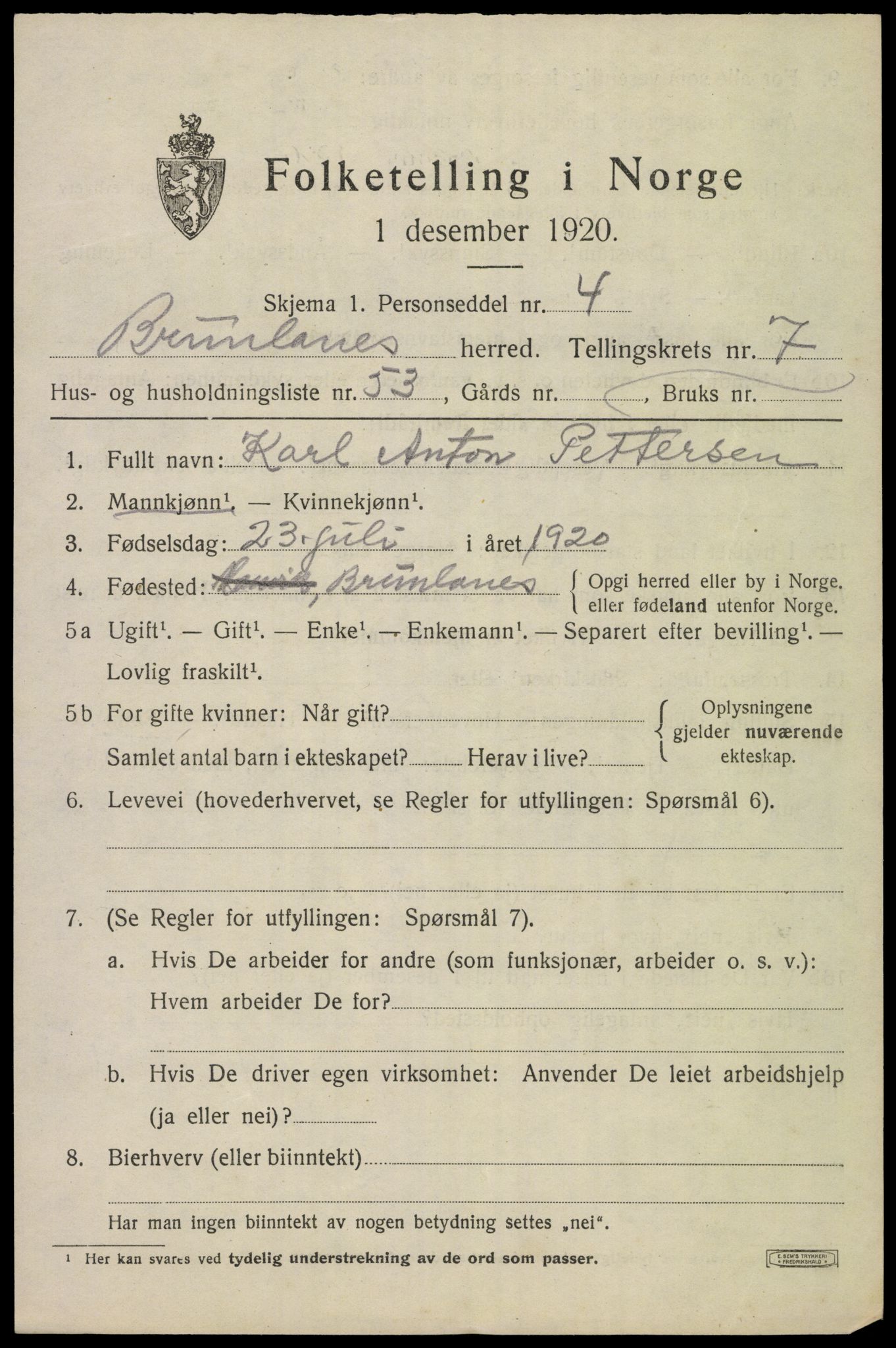 SAKO, 1920 census for Brunlanes, 1920, p. 7659