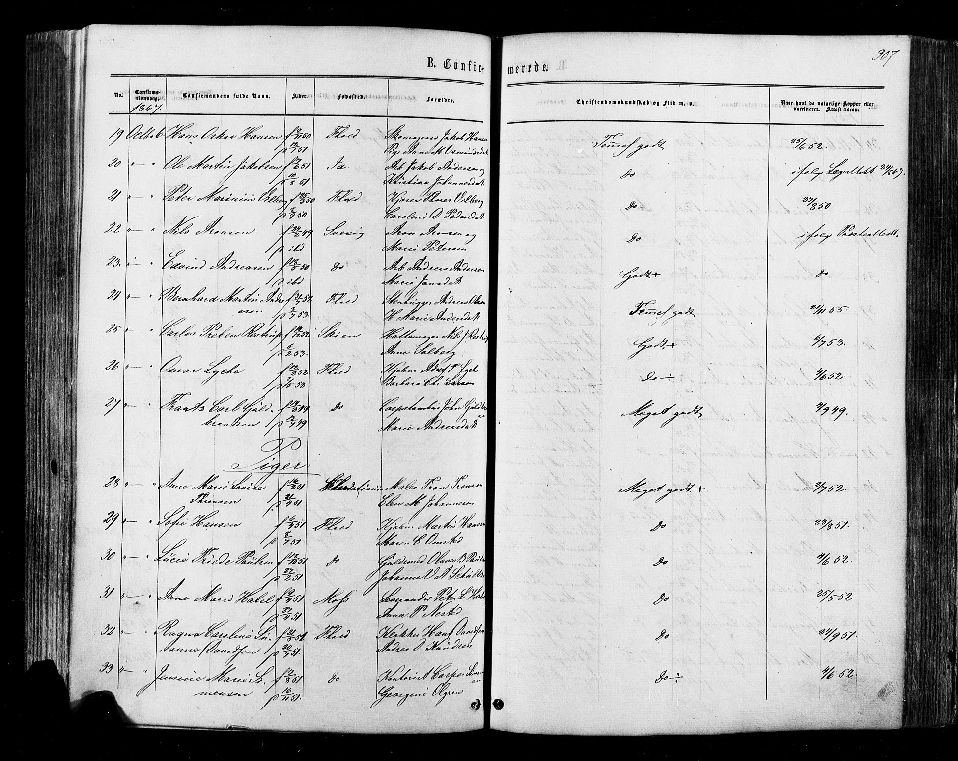 Halden prestekontor Kirkebøker, AV/SAO-A-10909/F/Fa/L0009: Parish register (official) no. I 9, 1866-1877, p. 307