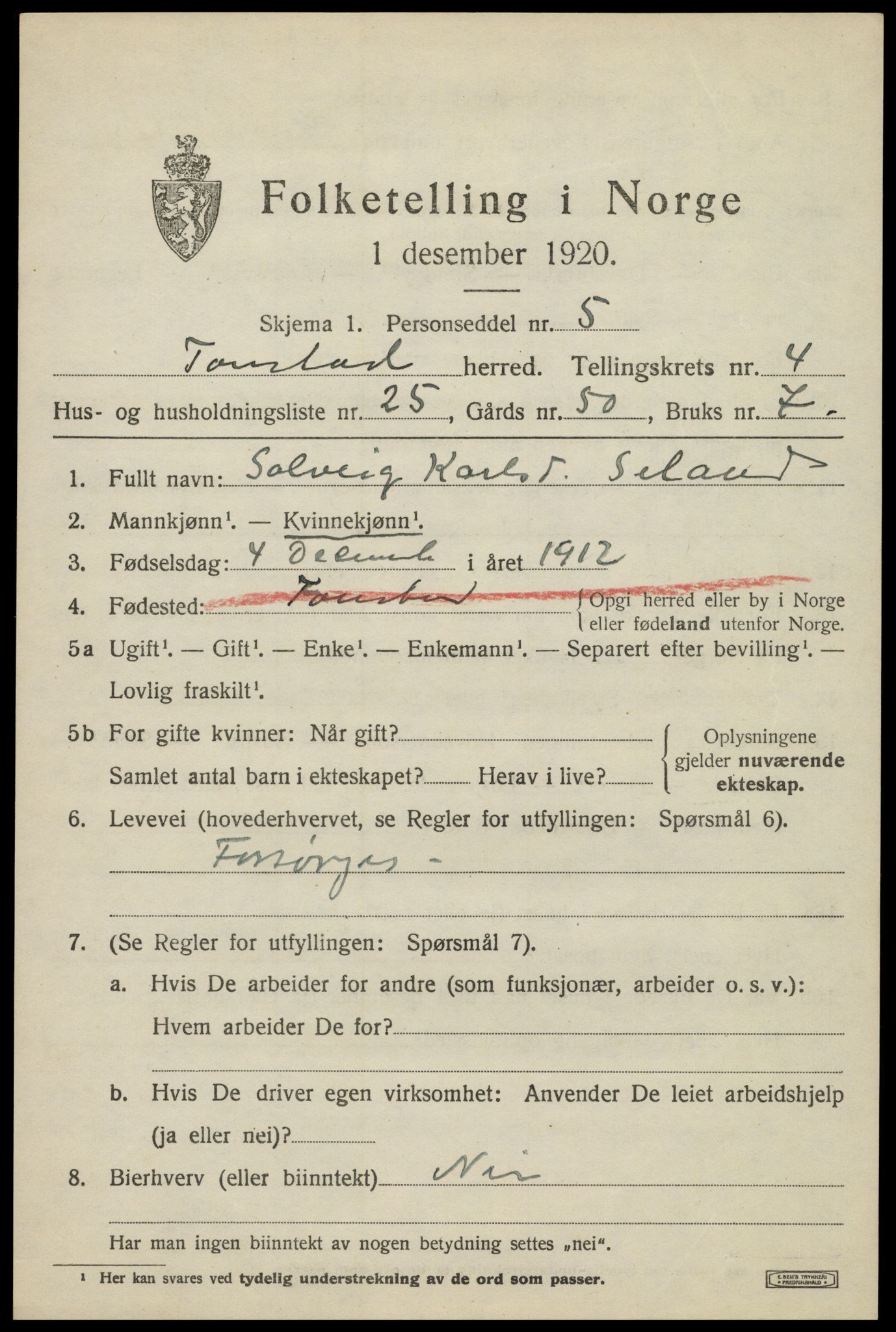 SAK, 1920 census for Tonstad, 1920, p. 1594