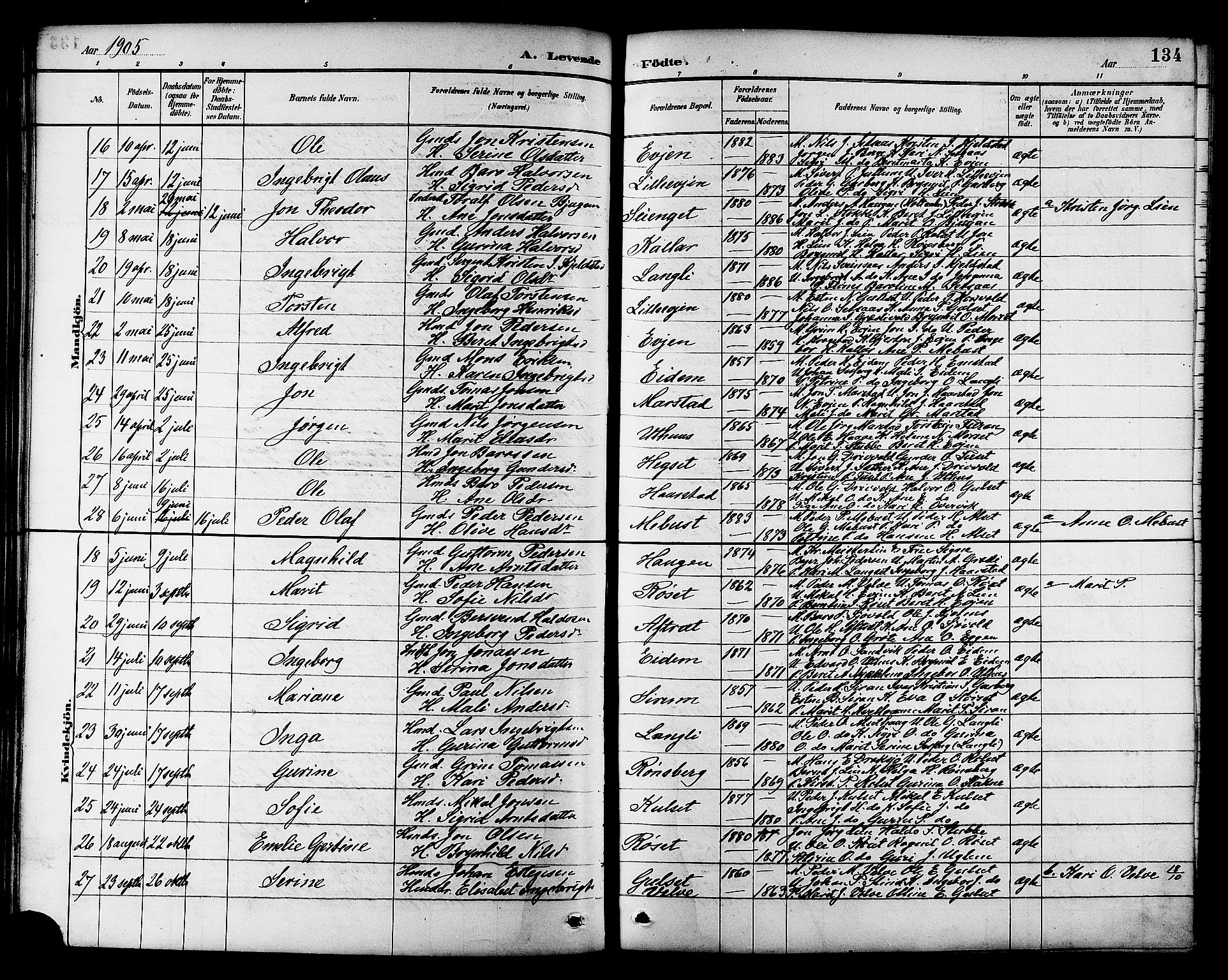 Ministerialprotokoller, klokkerbøker og fødselsregistre - Sør-Trøndelag, SAT/A-1456/695/L1157: Parish register (copy) no. 695C08, 1889-1913, p. 134