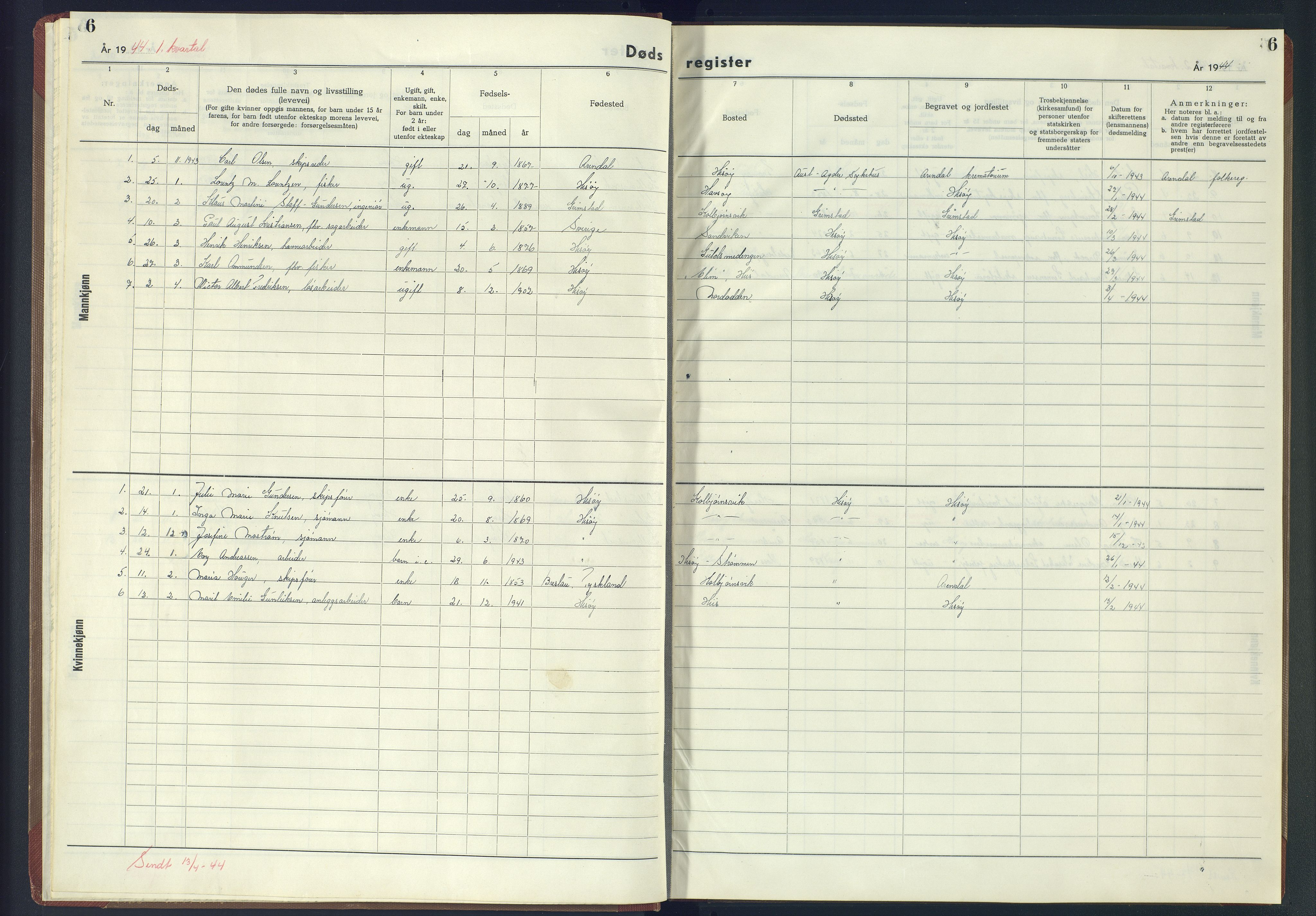 Hisøy sokneprestkontor, AV/SAK-1111-0020/J/Jb/L0003: A-VI-6 - Dødsfallsregister, 1942-1945, p. 6