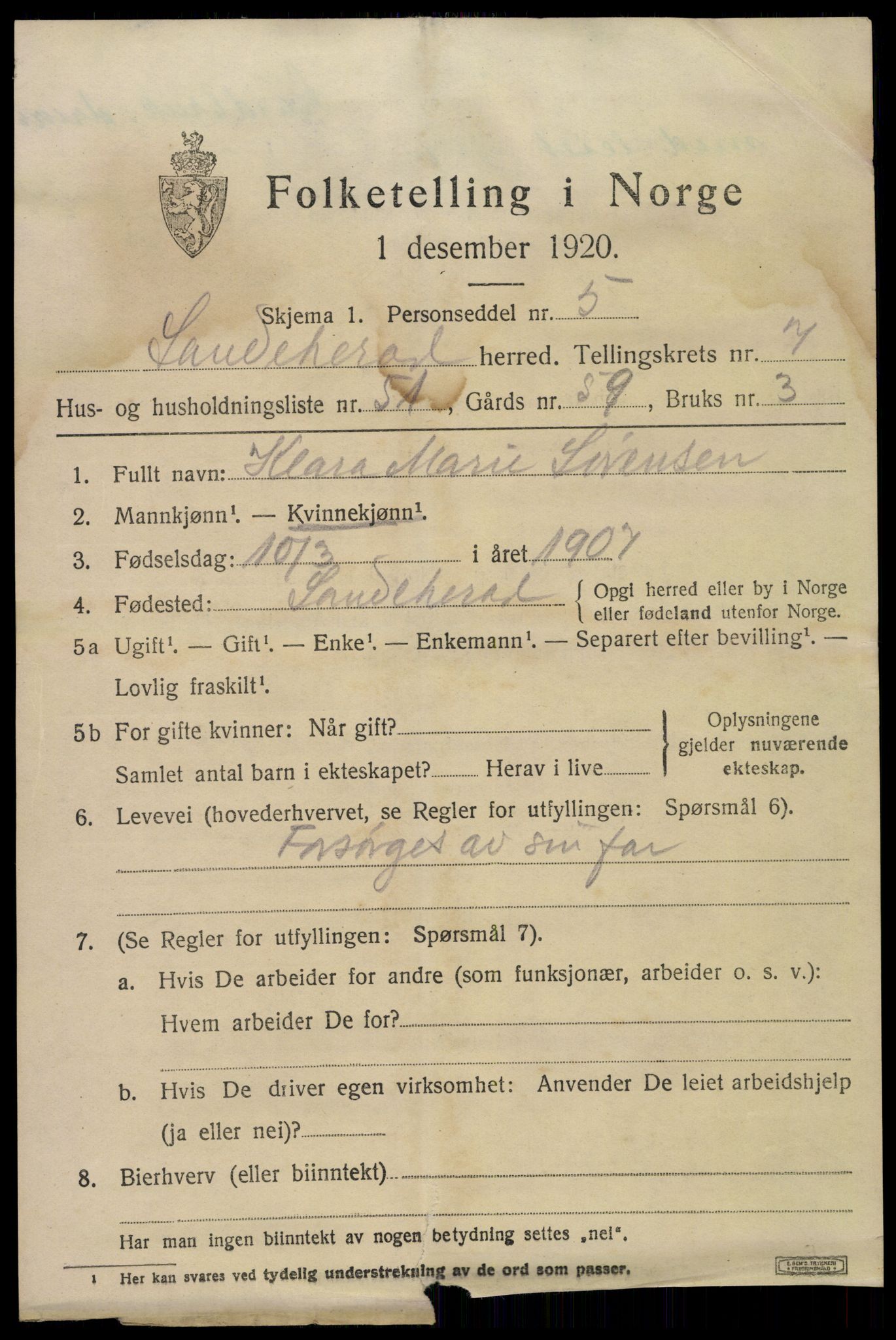 SAKO, 1920 census for Sandeherred, 1920, p. 12542