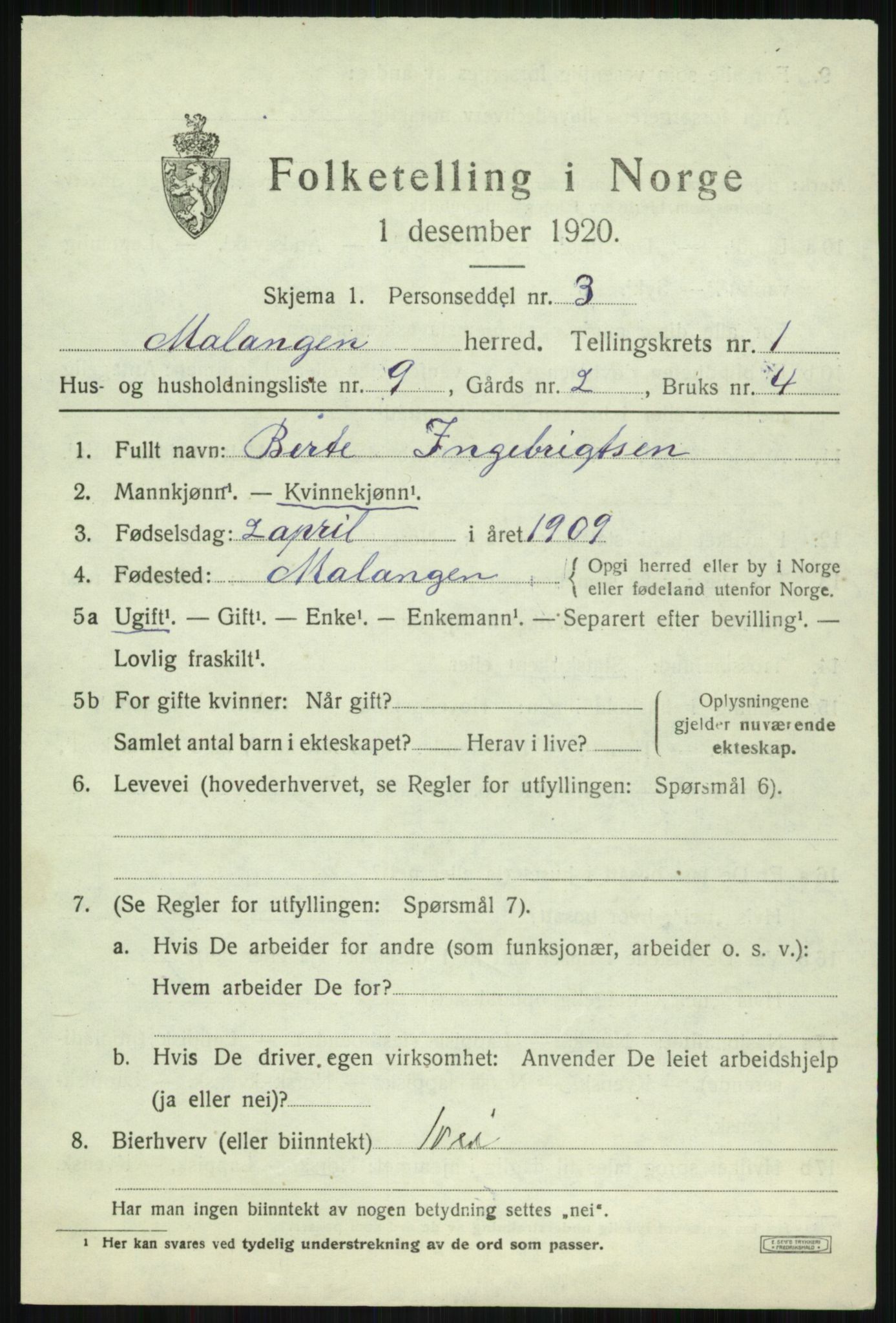 SATØ, 1920 census for Malangen, 1920, p. 804