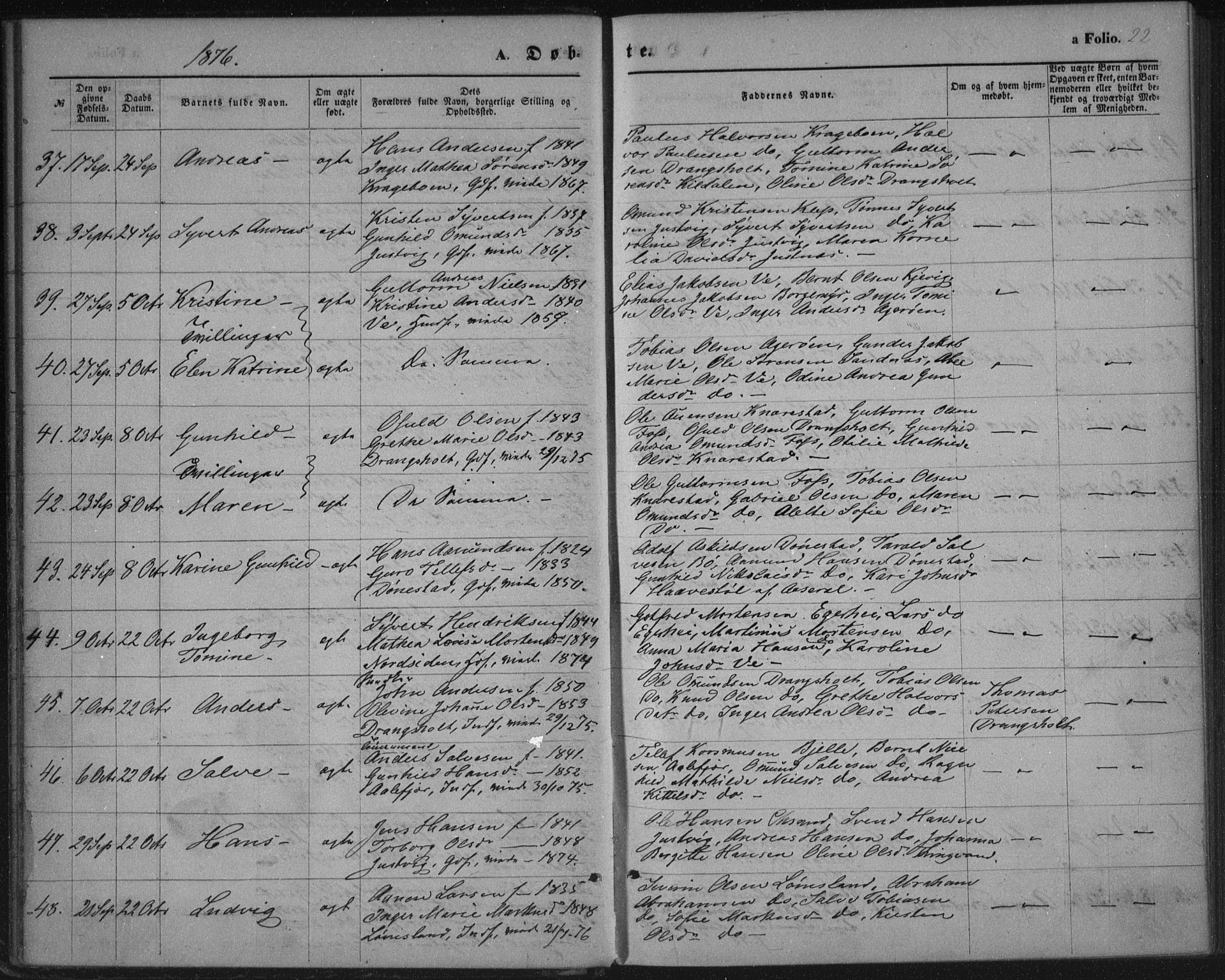 Tveit sokneprestkontor, SAK/1111-0043/F/Fa/L0006: Parish register (official) no. A 6, 1872-1886, p. 22