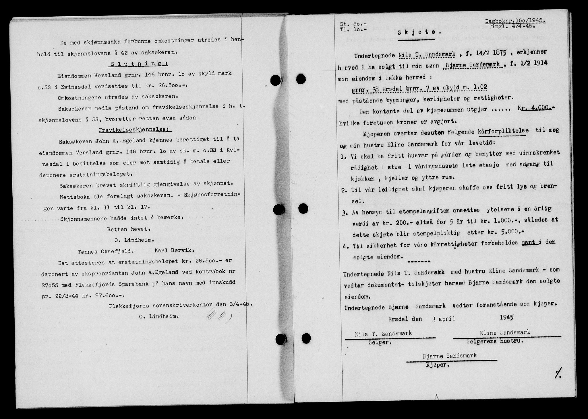 Flekkefjord sorenskriveri, SAK/1221-0001/G/Gb/Gba/L0059: Mortgage book no. A-7, 1944-1945, Diary no: : 150/1945
