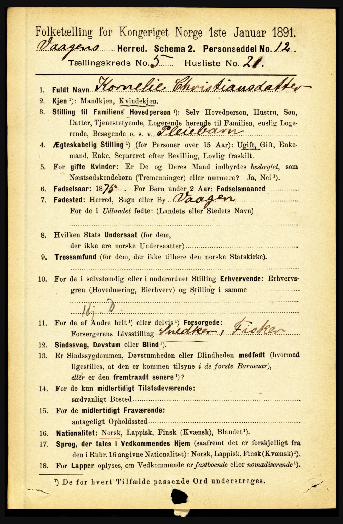 RA, 1891 census for 1865 Vågan, 1891, p. 1685