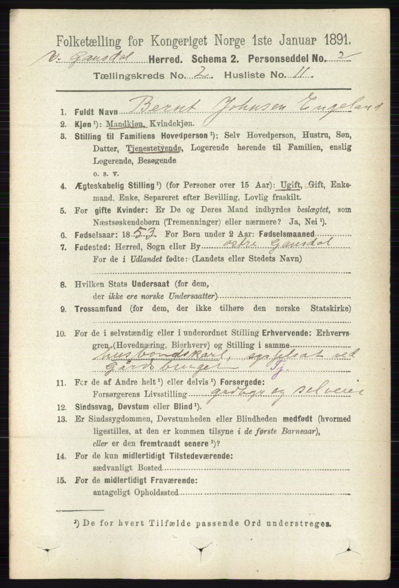 RA, 1891 census for 0523 Vestre Gausdal, 1891, p. 590