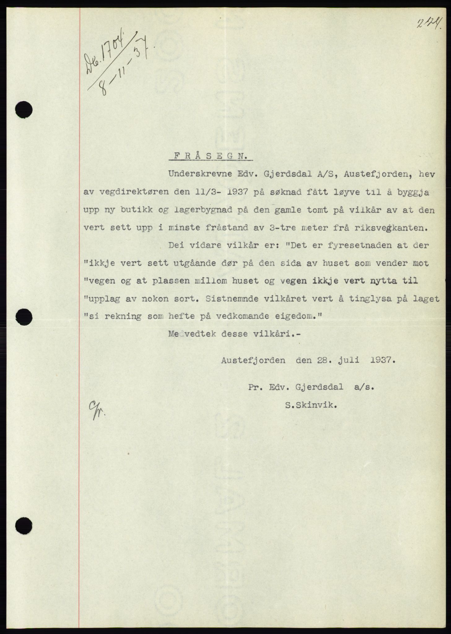 Søre Sunnmøre sorenskriveri, AV/SAT-A-4122/1/2/2C/L0064: Mortgage book no. 58, 1937-1938, Diary no: : 1704/1937