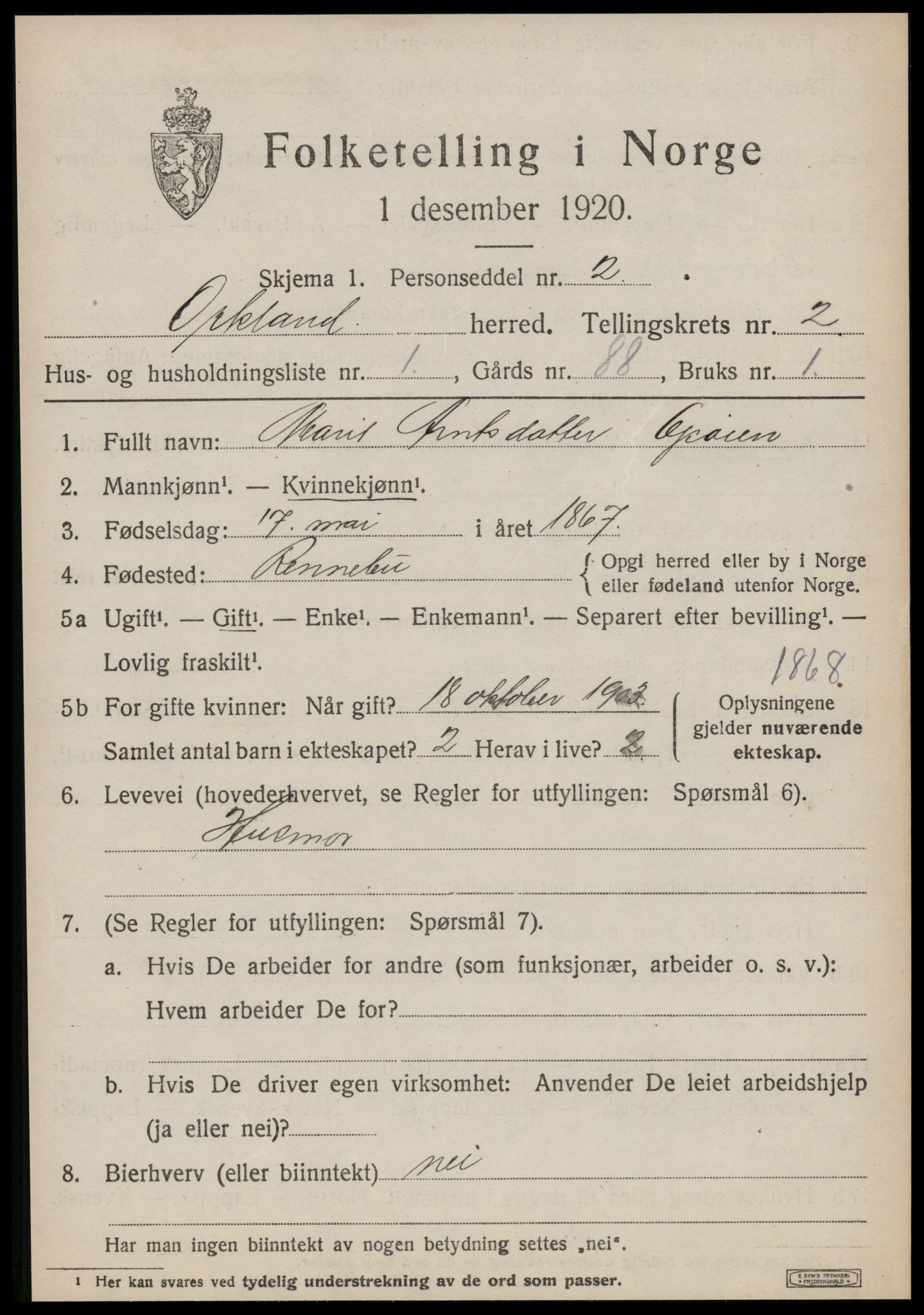 SAT, 1920 census for Orkland, 1920, p. 1676