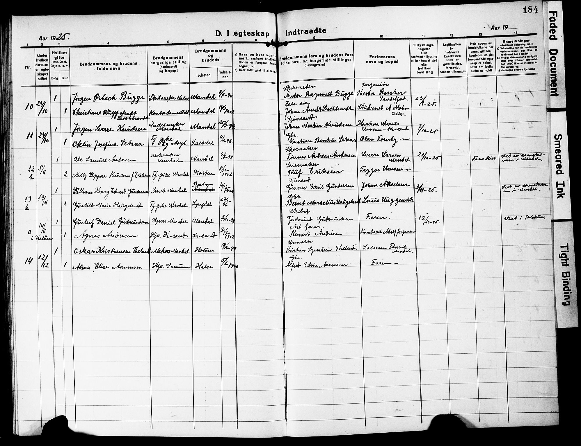 Mandal sokneprestkontor, SAK/1111-0030/F/Fb/Fbc/L0001: Parish register (copy) no. B 1, 1918-1931, p. 184