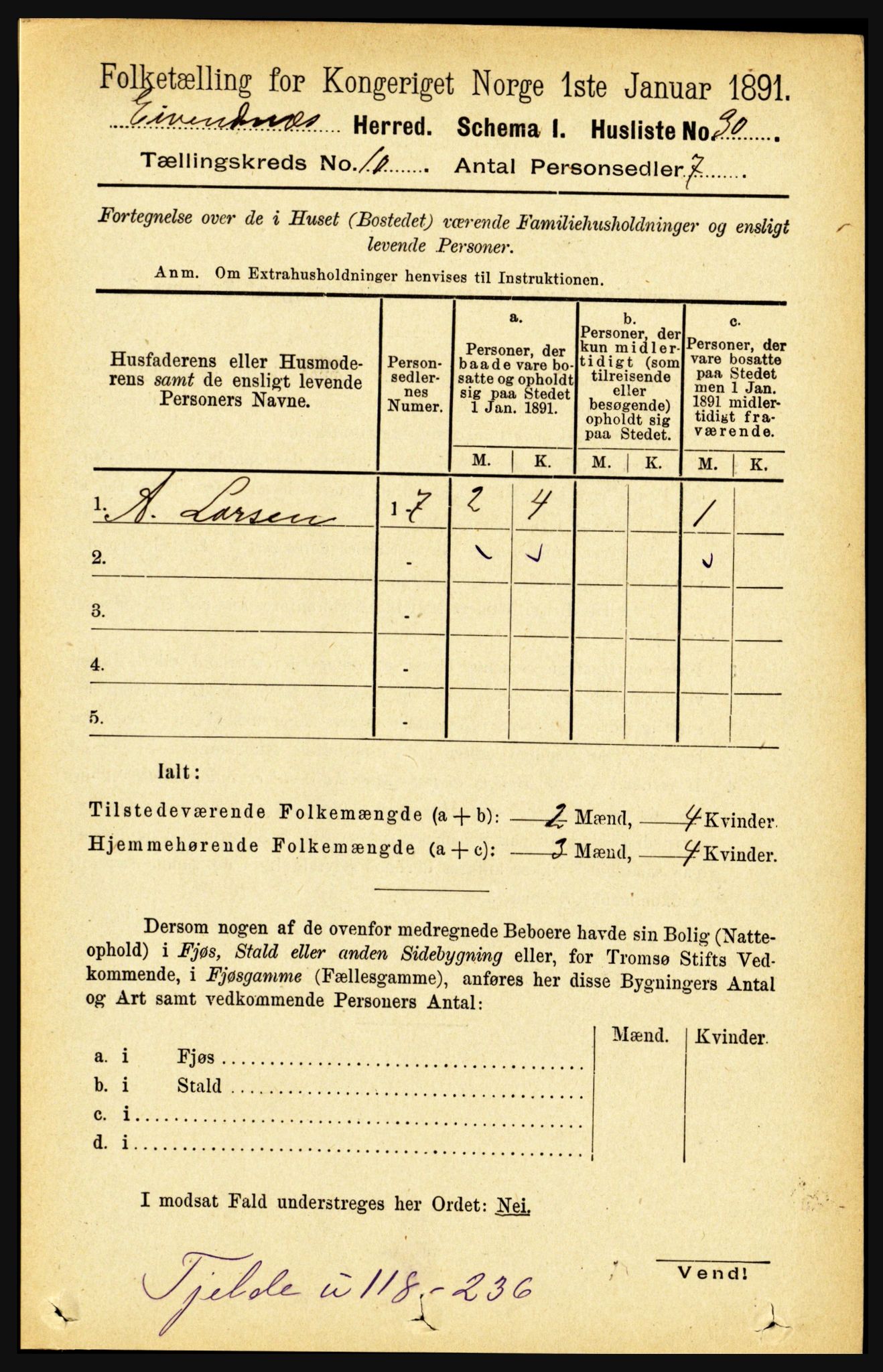 RA, 1891 census for 1853 Evenes, 1891, p. 3118