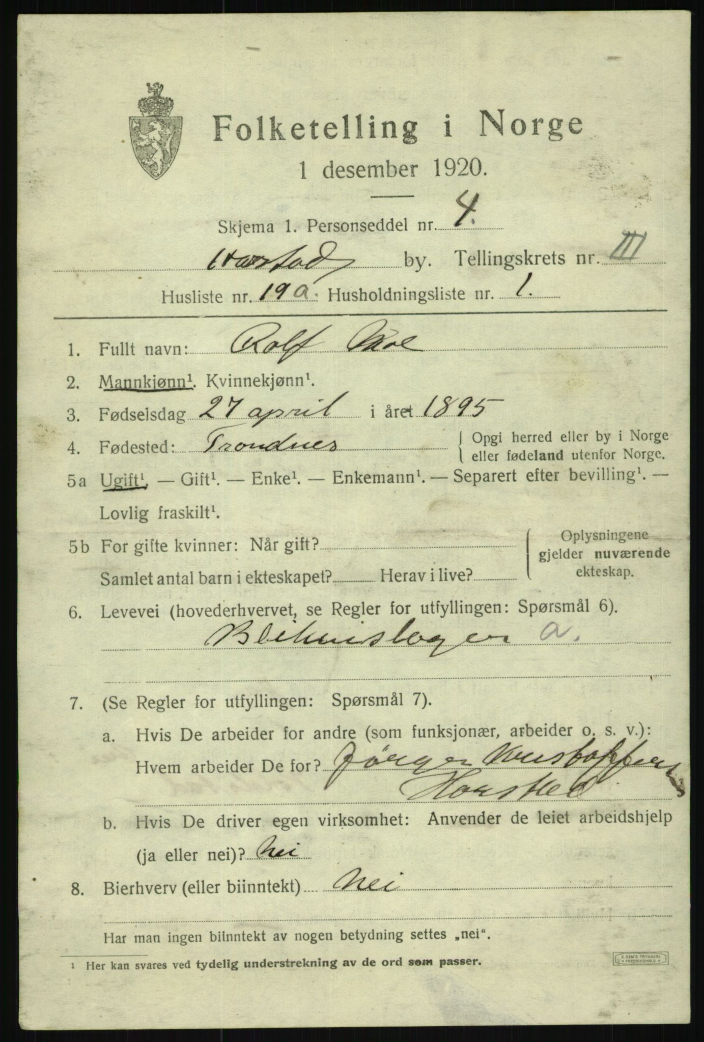 SATØ, 1920 census for Harstad, 1920, p. 4486