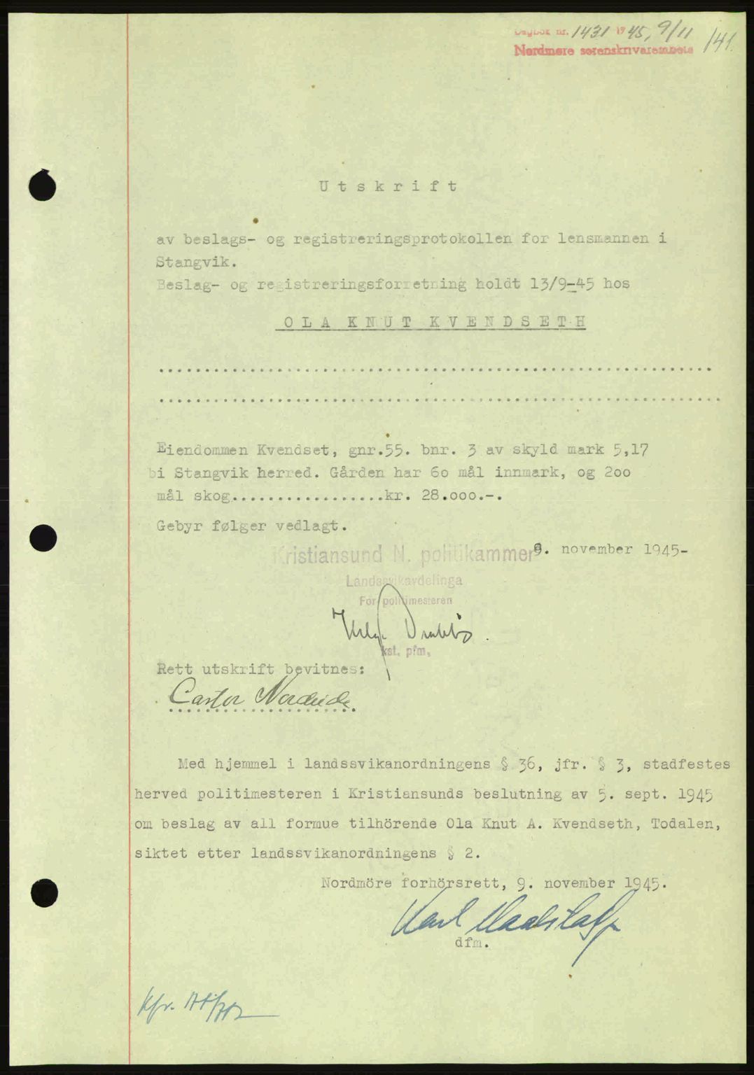 Nordmøre sorenskriveri, AV/SAT-A-4132/1/2/2Ca: Mortgage book no. B93a, 1945-1945, Diary no: : 1431/1945