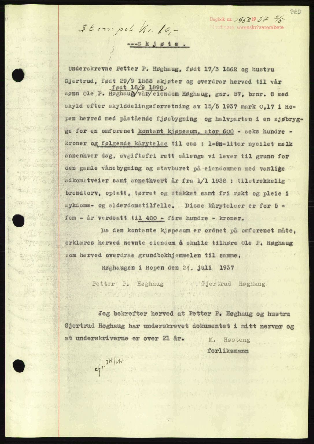 Nordmøre sorenskriveri, AV/SAT-A-4132/1/2/2Ca: Mortgage book no. A81, 1937-1937, Diary no: : 1952/1937