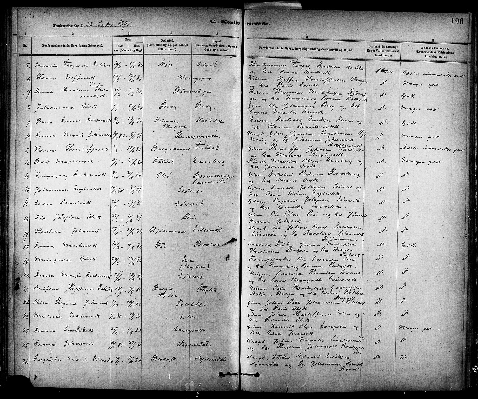 Ministerialprotokoller, klokkerbøker og fødselsregistre - Sør-Trøndelag, SAT/A-1456/647/L0634: Parish register (official) no. 647A01, 1885-1896, p. 196