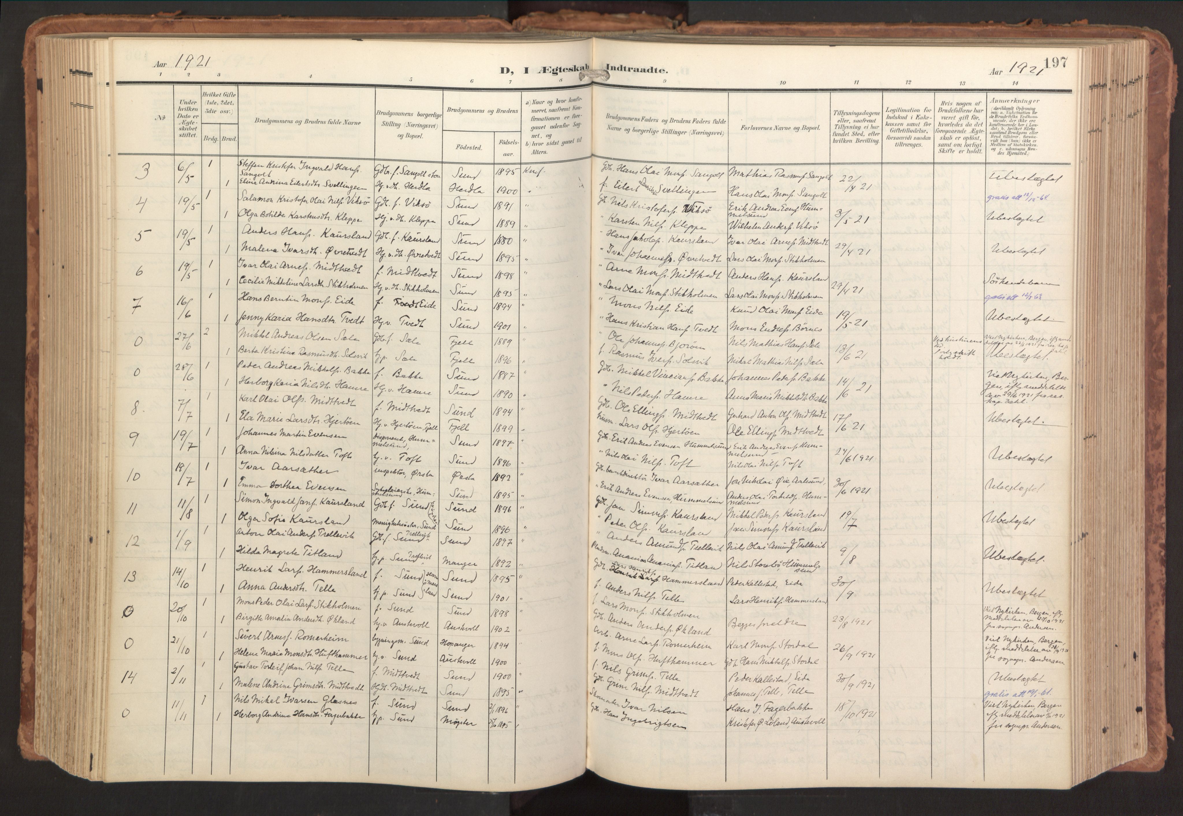 Sund sokneprestembete, AV/SAB-A-99930: Parish register (official) no. B 2, 1907-1926, p. 197