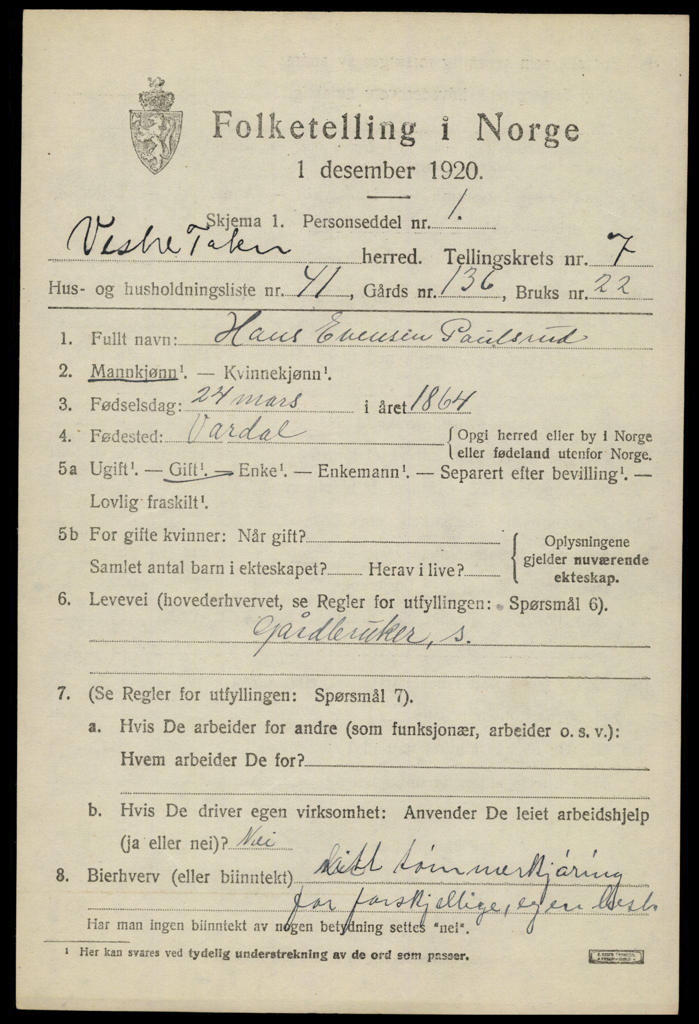 SAH, 1920 census for Vestre Toten, 1920, p. 9672