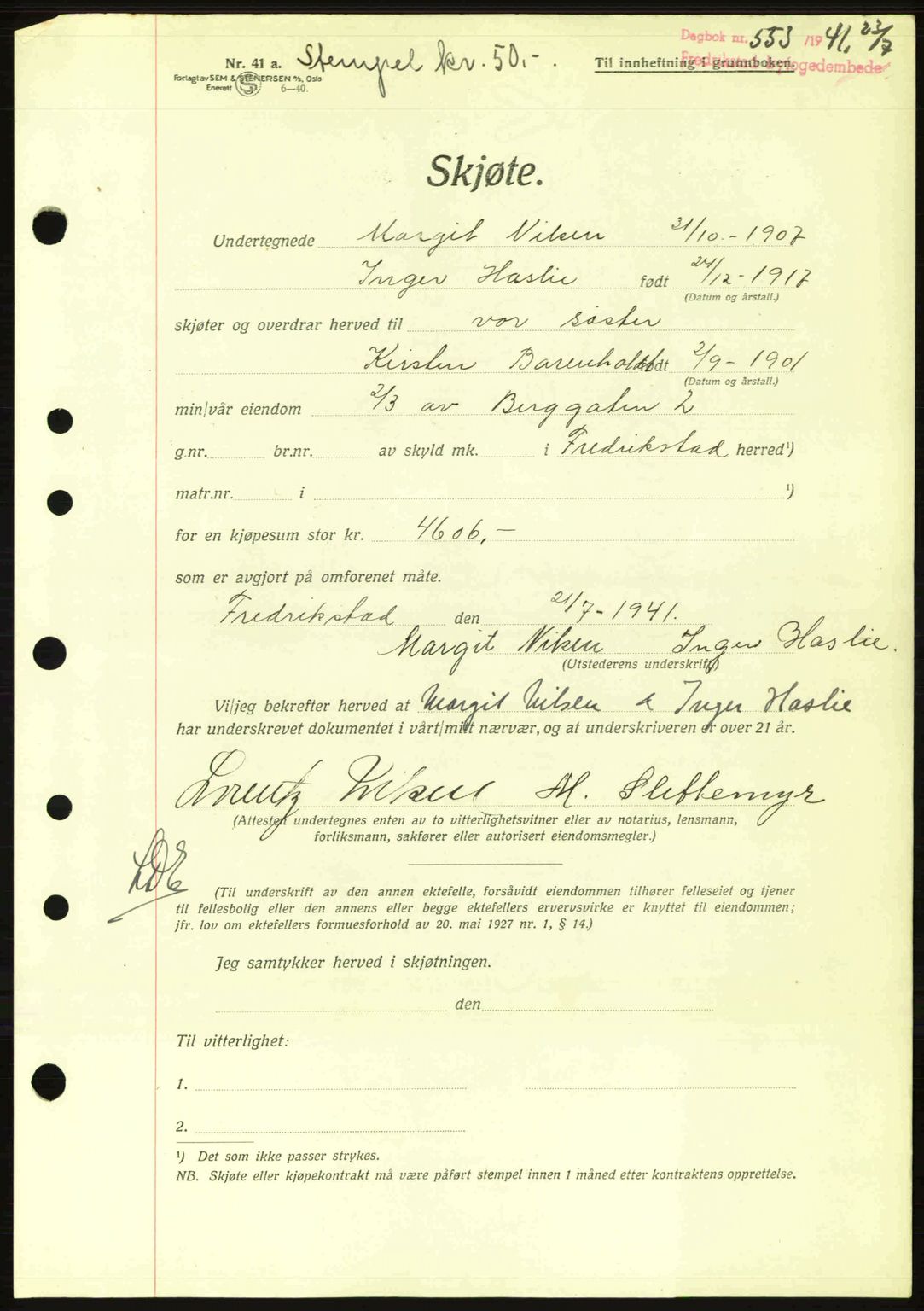 Fredrikstad byfogd, AV/SAO-A-10473a/G/Ga/Gac/L0002: Mortgage book no. A32a, 1940-1945, Diary no: : 553/1941