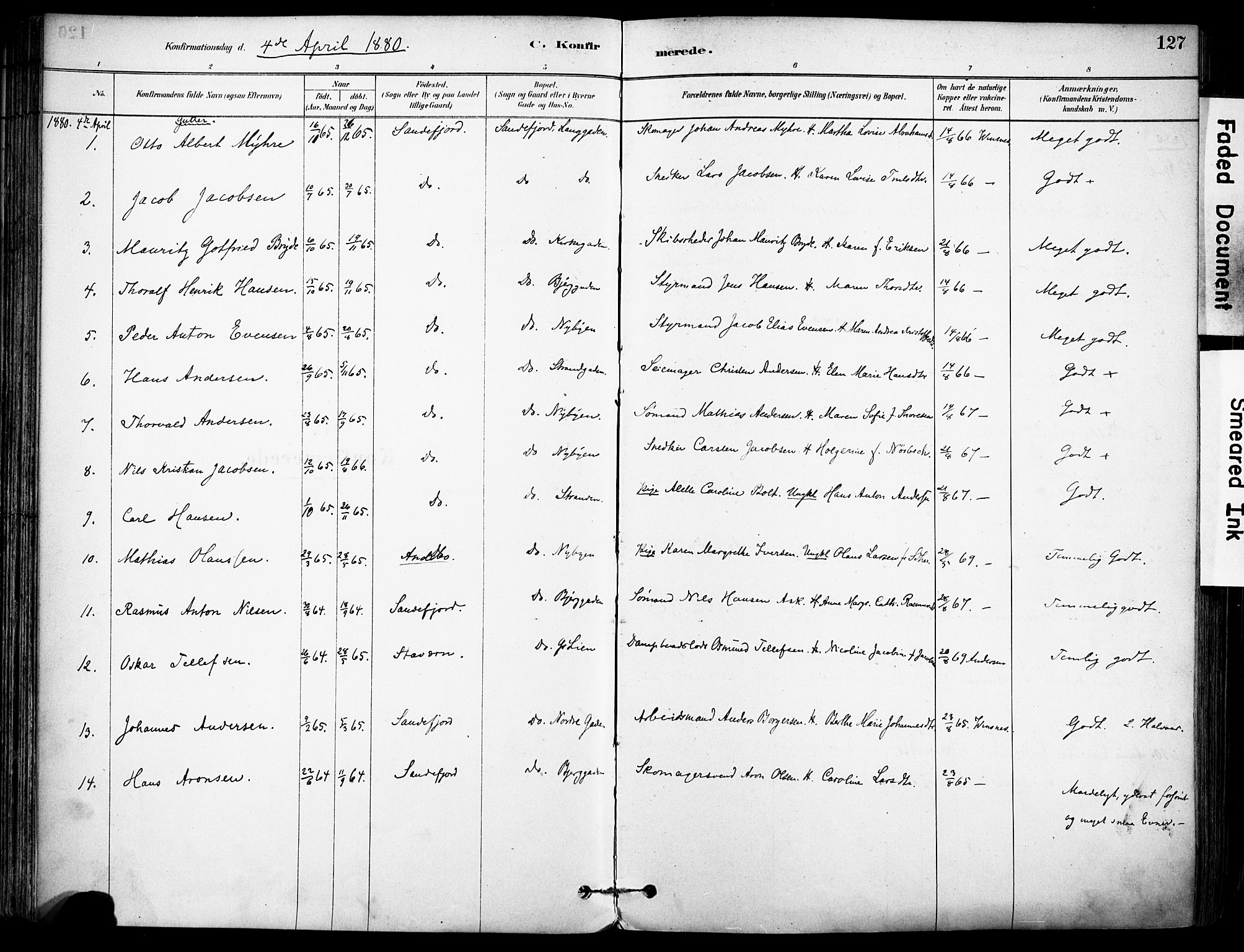 Sandefjord kirkebøker, SAKO/A-315/F/Fa/L0002: Parish register (official) no. 2, 1880-1894, p. 127