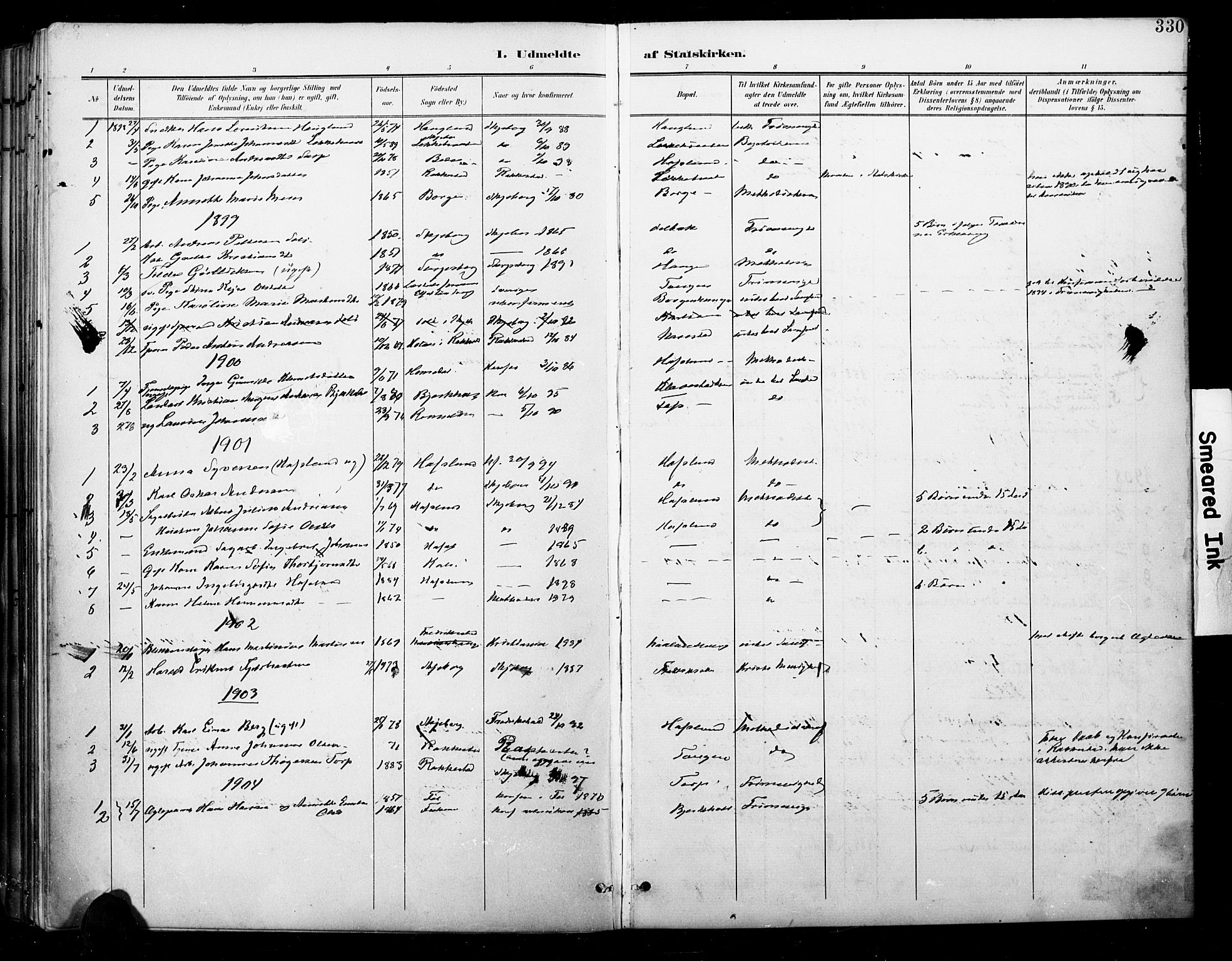 Skjeberg prestekontor Kirkebøker, SAO/A-10923/F/Fa/L0010: Parish register (official) no. I 10, 1898-1911, p. 330
