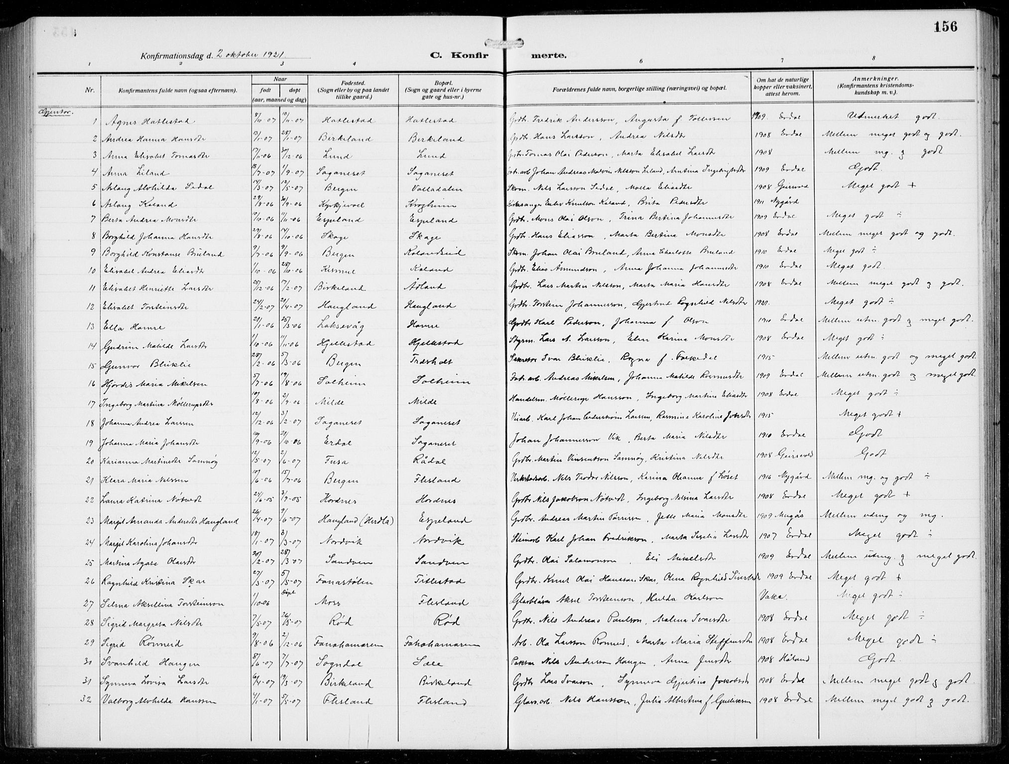 Fana Sokneprestembete, AV/SAB-A-75101/H/Hab/Haba/L0005: Parish register (copy) no. A 5, 1911-1932, p. 156