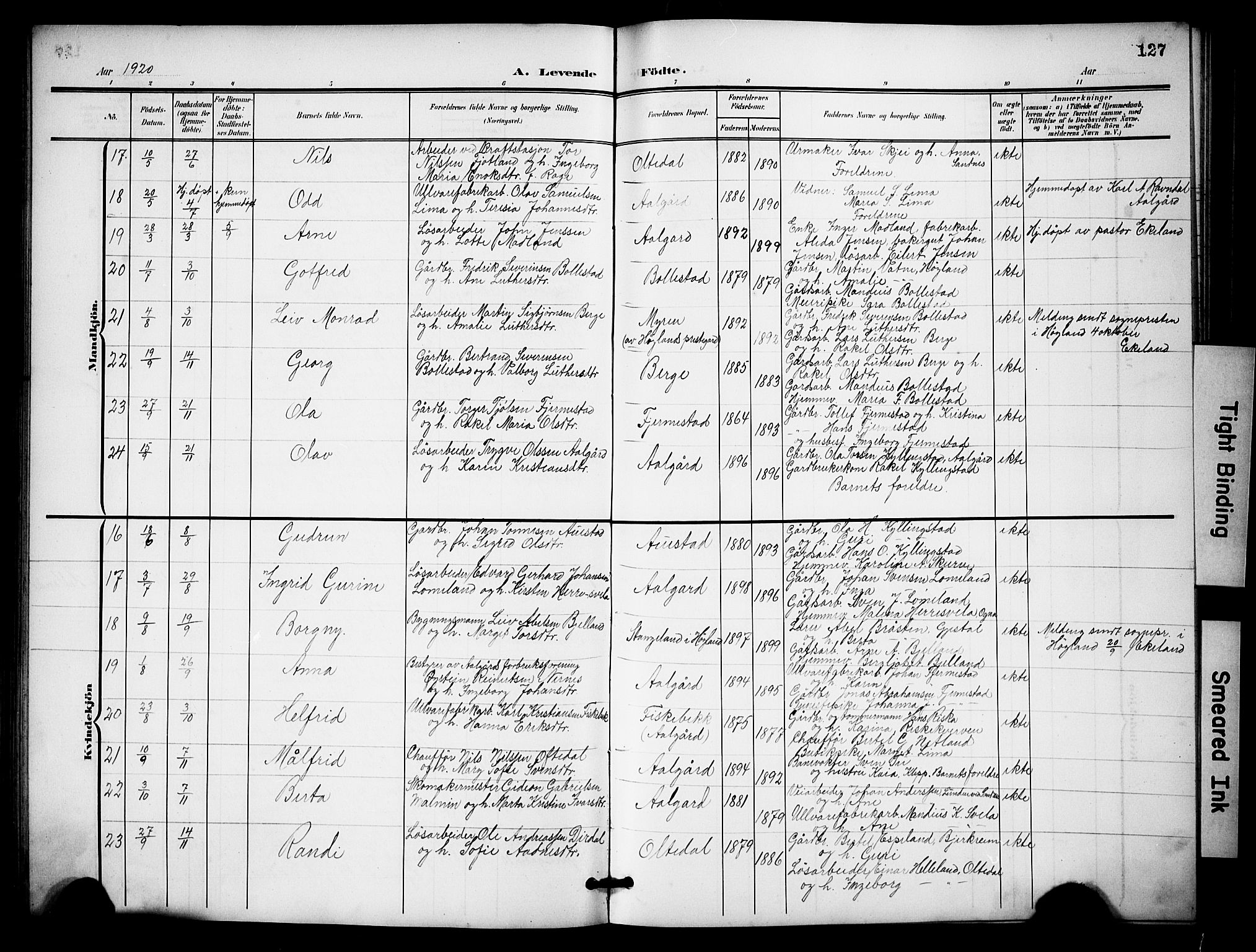 Lye sokneprestkontor, AV/SAST-A-101794/001/30BB/L0009: Parish register (copy) no. B 9, 1902-1923, p. 127