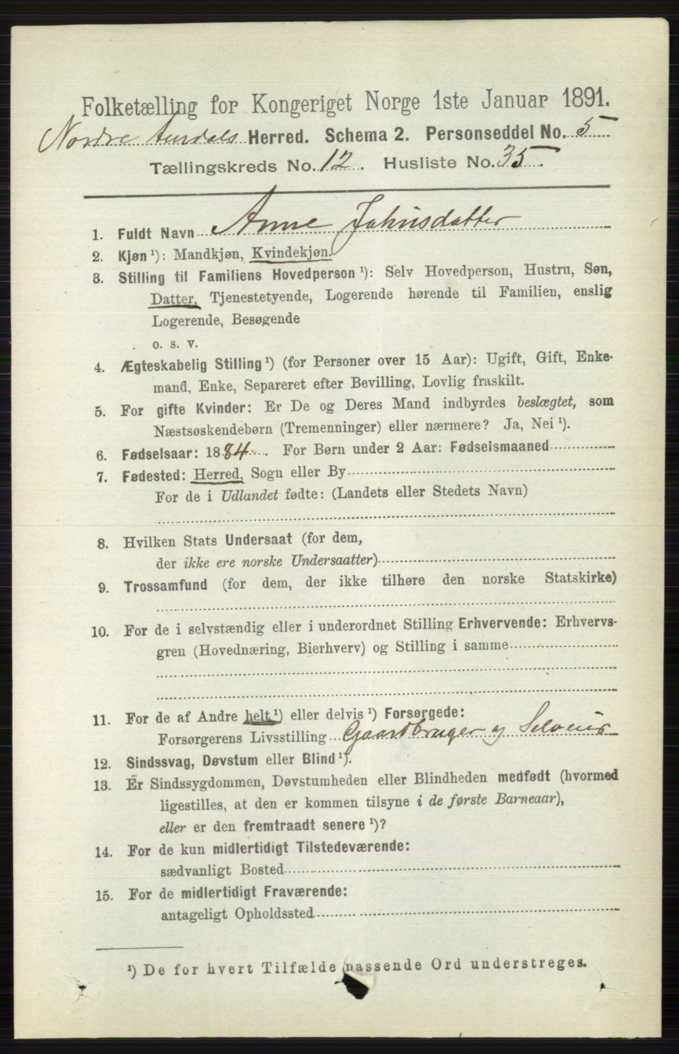 RA, 1891 census for 0542 Nord-Aurdal, 1891, p. 4691