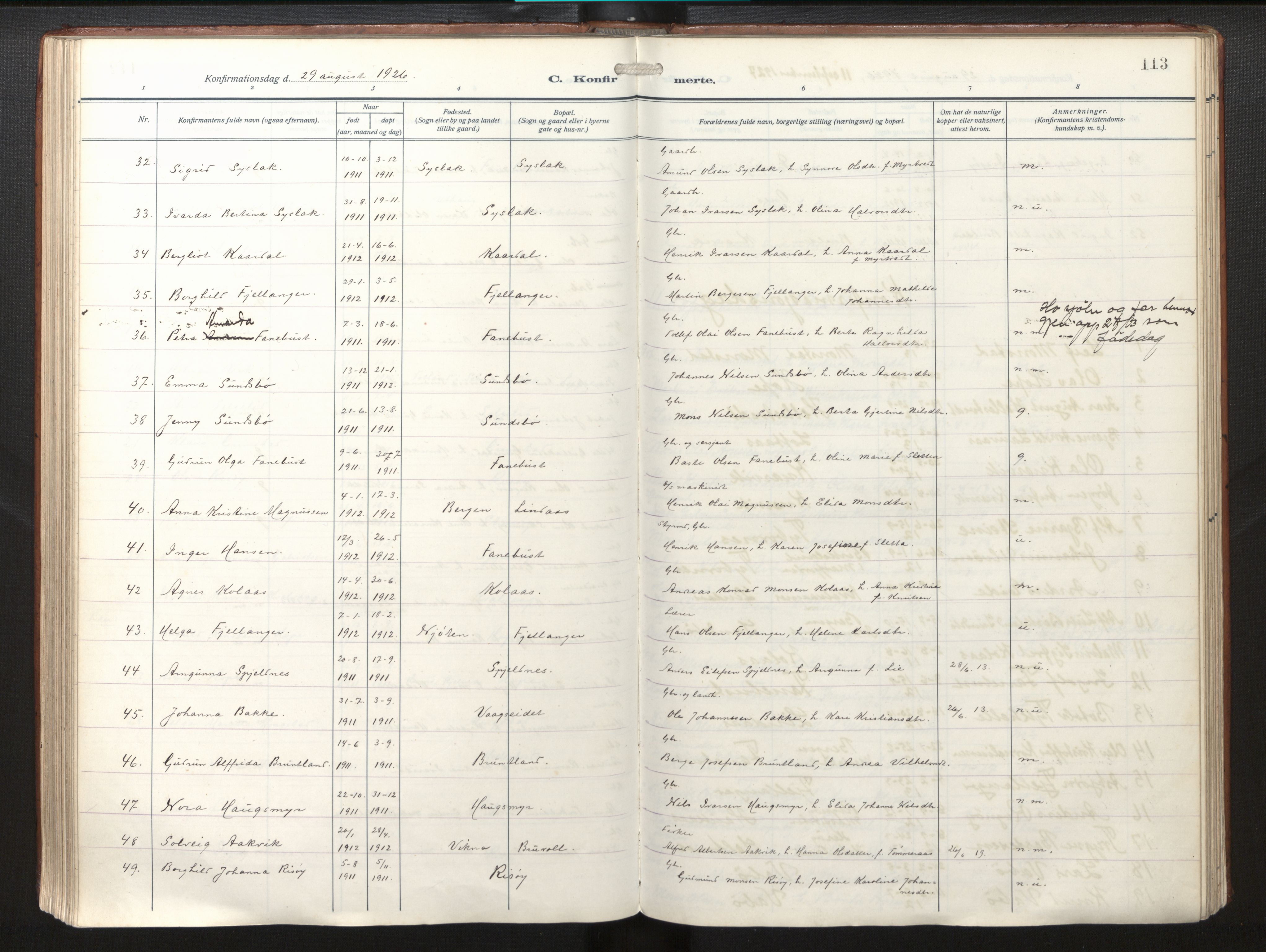 Lindås Sokneprestembete, SAB/A-76701/H/Haa/Haab/L0003: Parish register (official) no. B 3, 1912-1929, p. 113