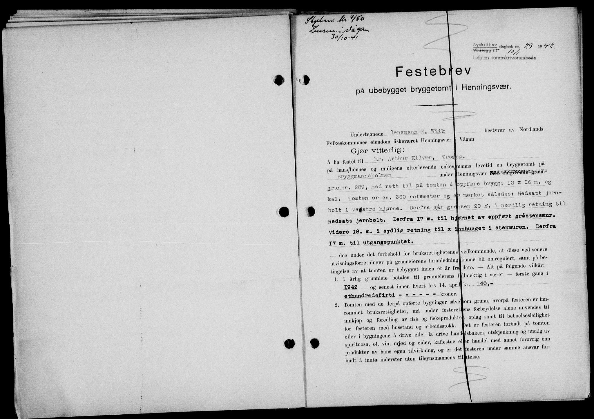 Lofoten sorenskriveri, SAT/A-0017/1/2/2C/L0009a: Mortgage book no. 9a, 1941-1942, Diary no: : 29/1942