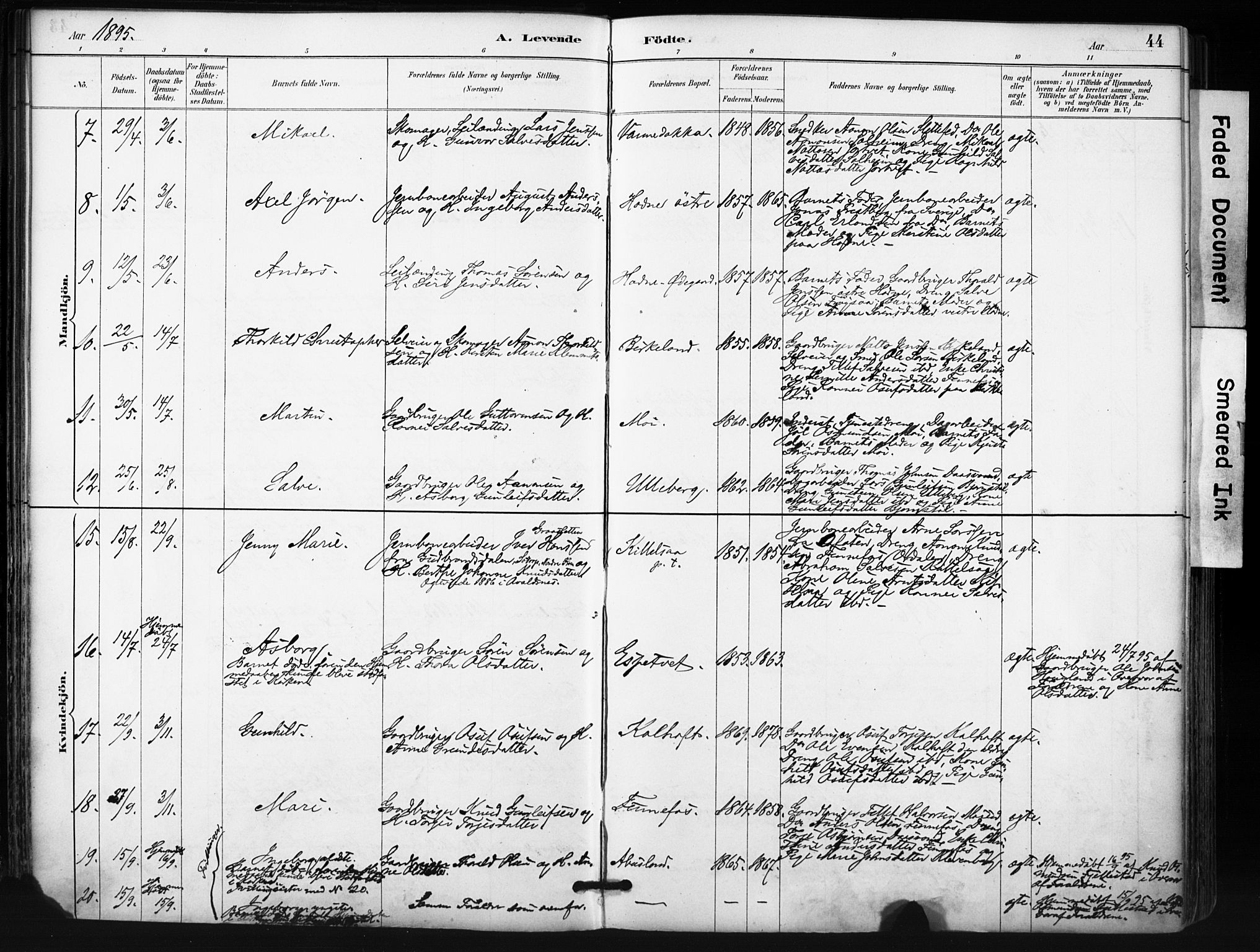 Evje sokneprestkontor, SAK/1111-0008/F/Fa/Fab/L0003: Parish register (official) no. A 3, 1884-1909, p. 44