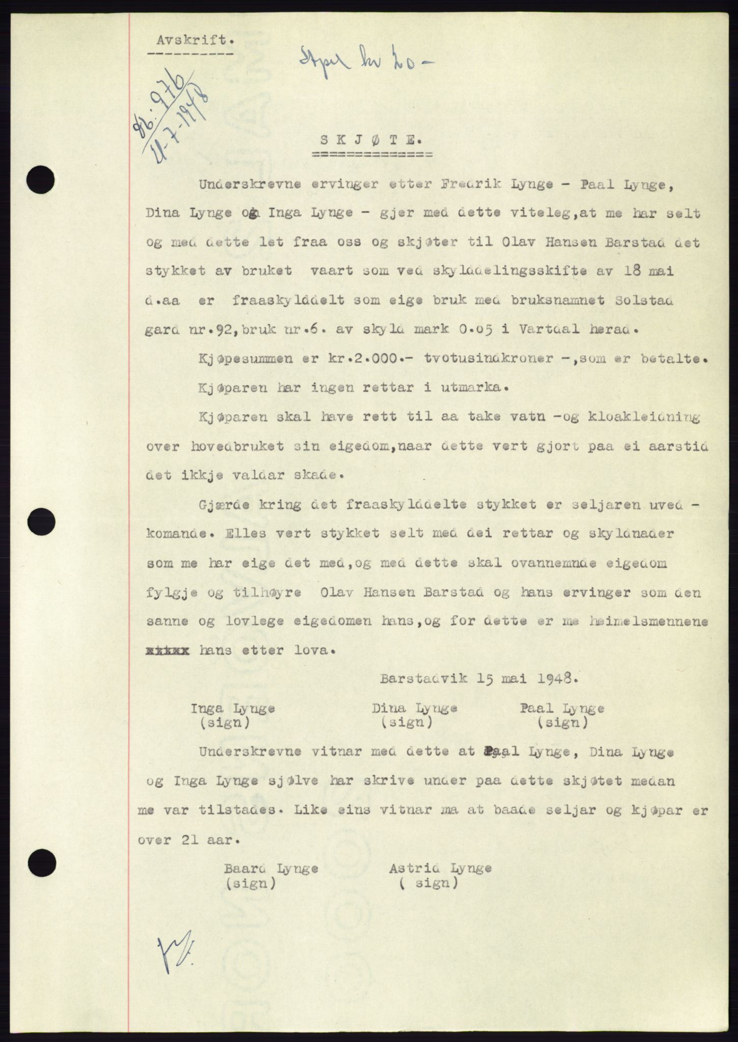 Søre Sunnmøre sorenskriveri, AV/SAT-A-4122/1/2/2C/L0082: Mortgage book no. 8A, 1948-1948, Diary no: : 976/1948