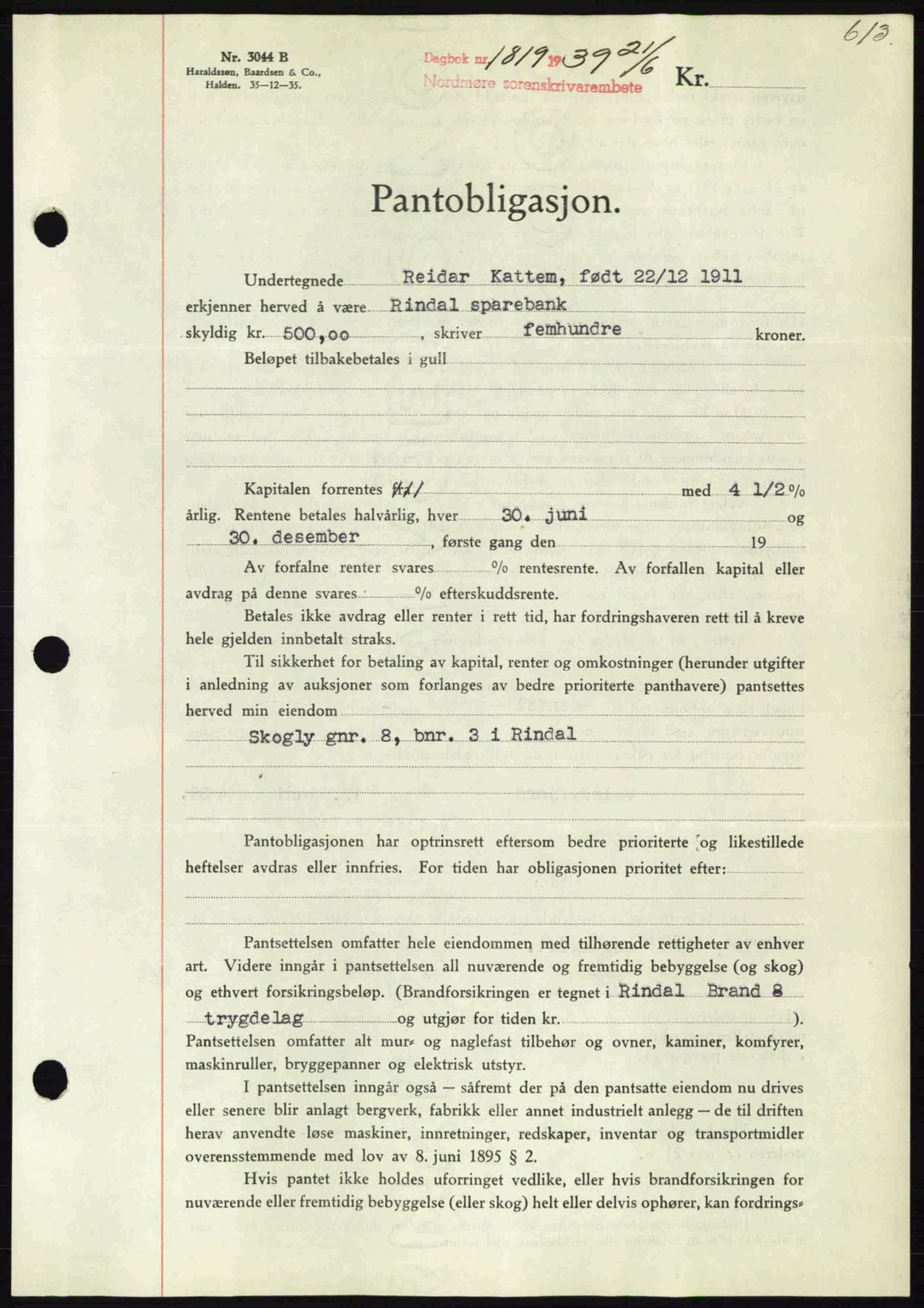 Nordmøre sorenskriveri, AV/SAT-A-4132/1/2/2Ca: Mortgage book no. B85, 1939-1939, Diary no: : 1819/1939