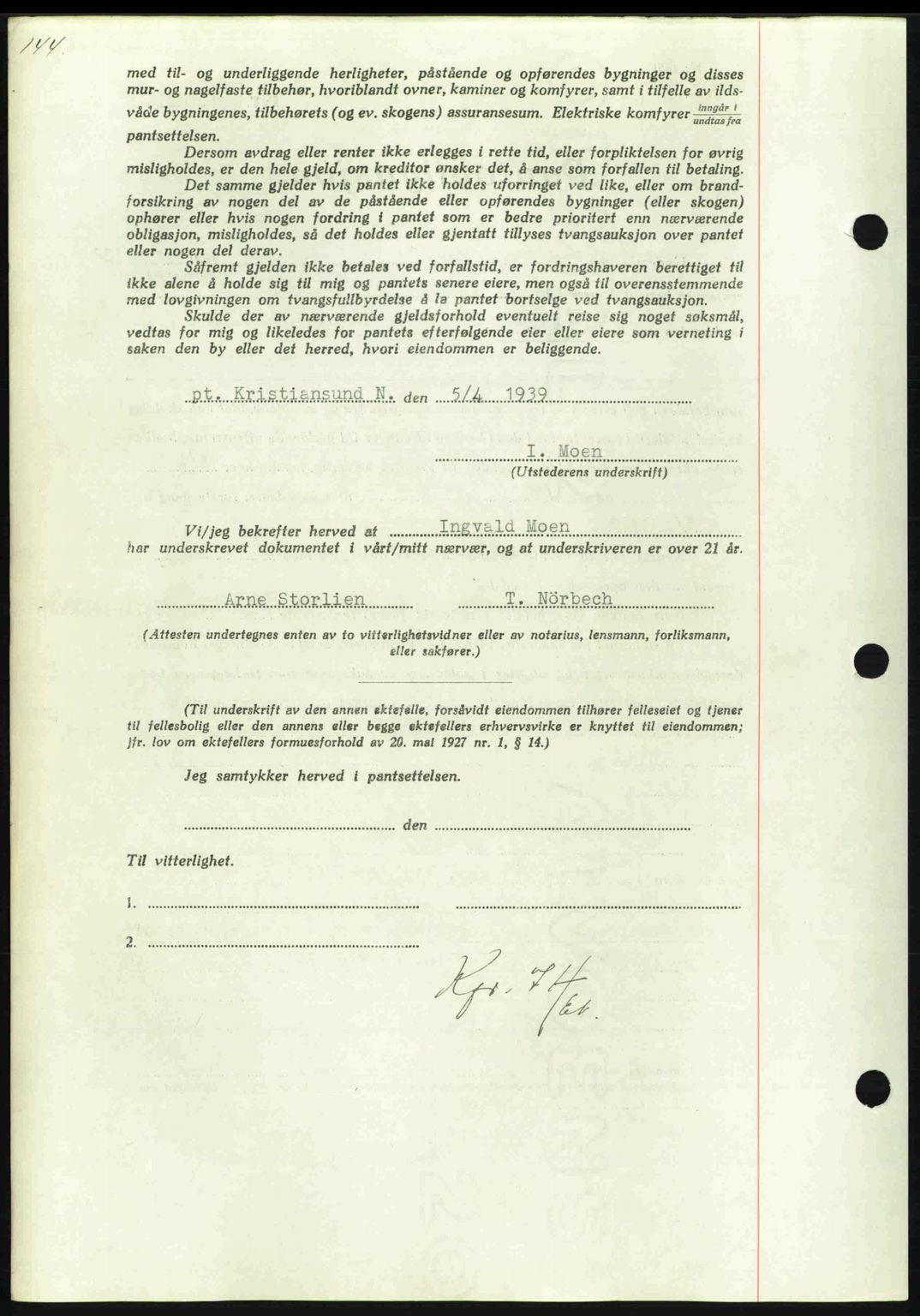 Nordmøre sorenskriveri, AV/SAT-A-4132/1/2/2Ca: Mortgage book no. B85, 1939-1939, Diary no: : 968/1939