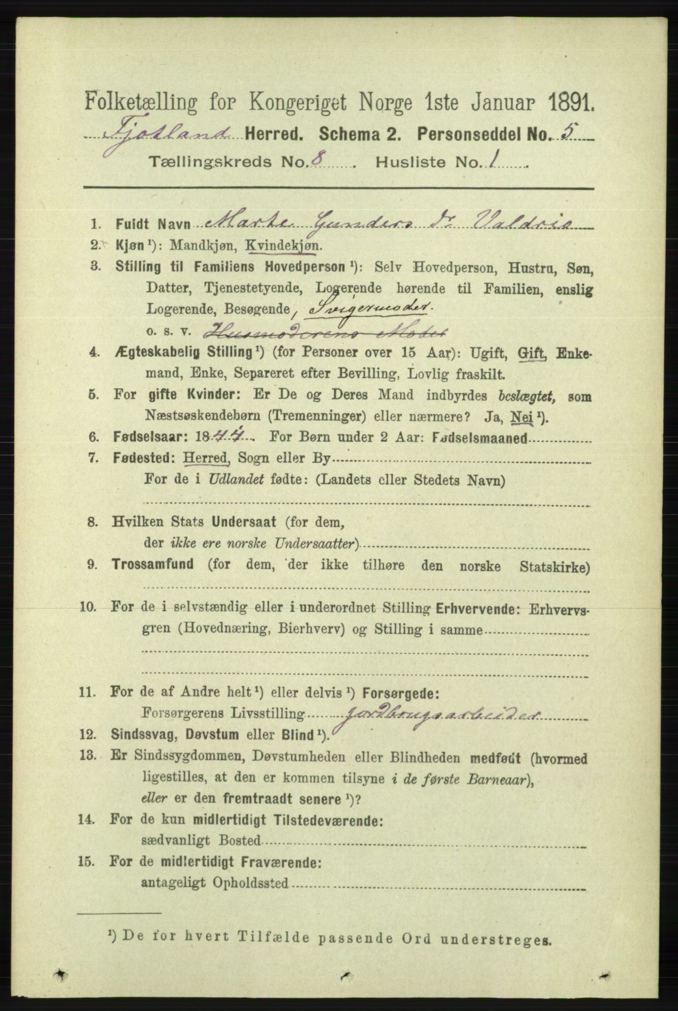 RA, 1891 census for 1036 Fjotland, 1891, p. 1193