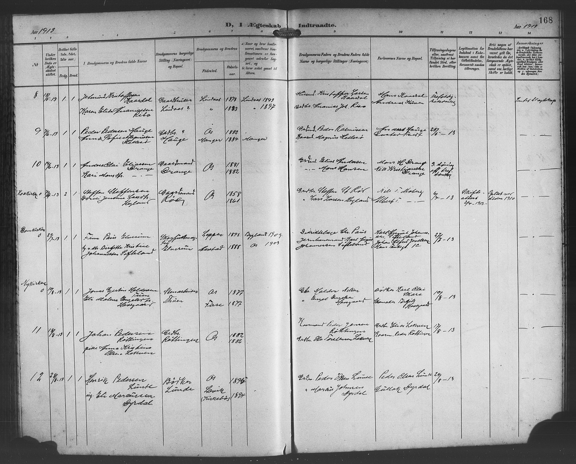 Os sokneprestembete, AV/SAB-A-99929: Parish register (copy) no. A 3, 1897-1913, p. 168