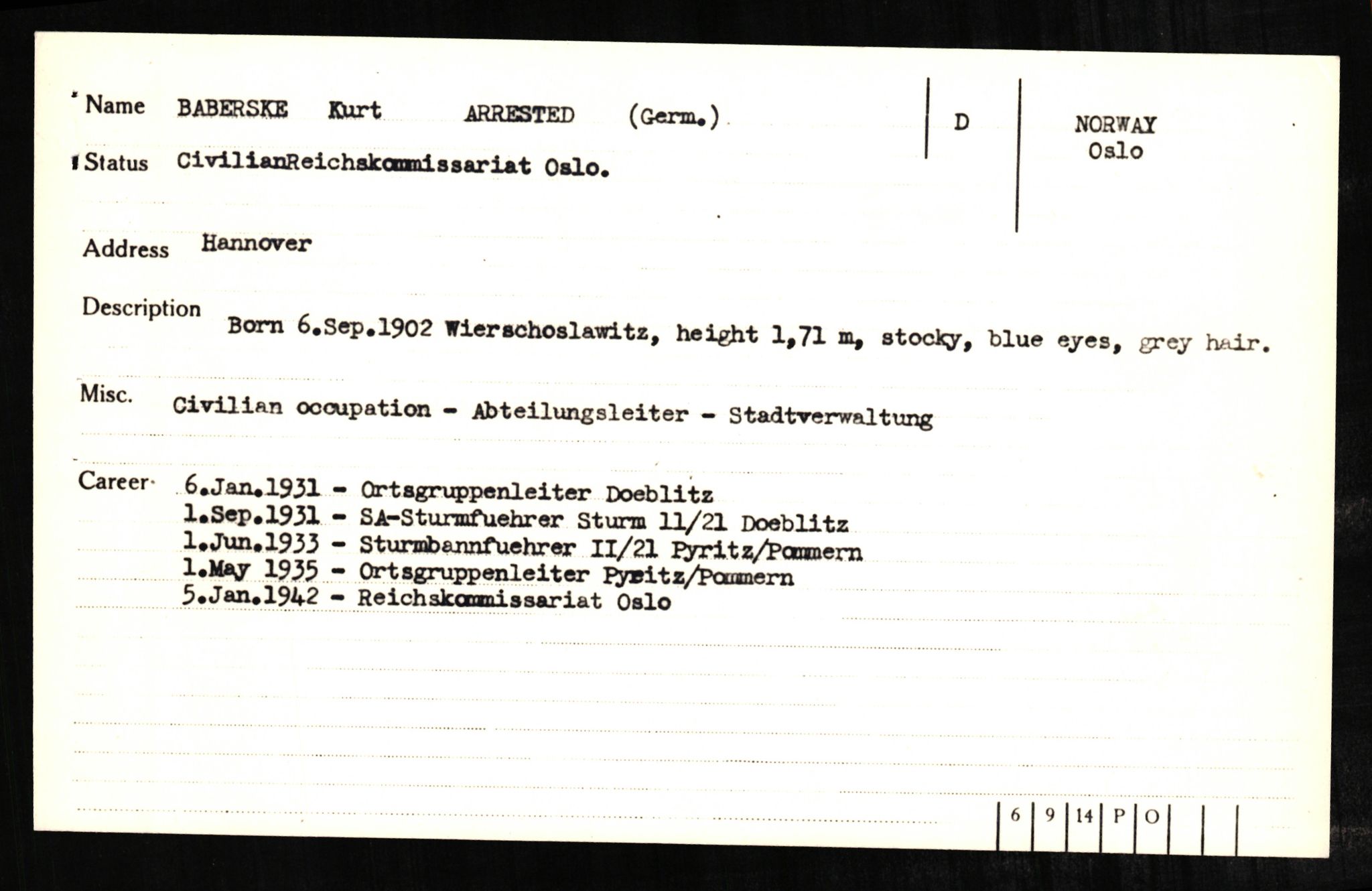 Forsvaret, Forsvarets overkommando II, AV/RA-RAFA-3915/D/Db/L0001: CI Questionaires. Tyske okkupasjonsstyrker i Norge. Tyskere., 1945-1946, p. 467