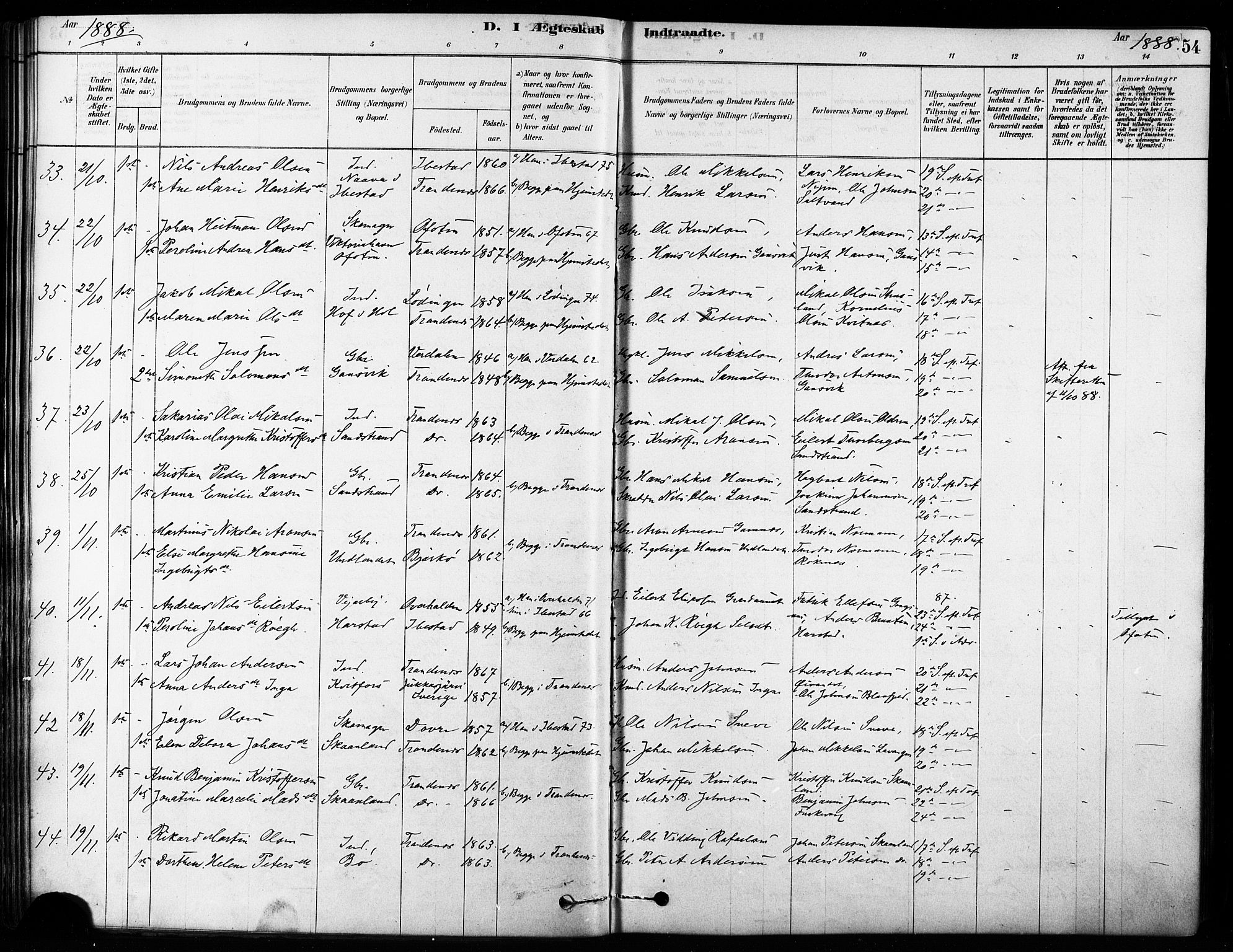 Trondenes sokneprestkontor, AV/SATØ-S-1319/H/Ha/L0015kirke: Parish register (official) no. 15, 1878-1889, p. 54