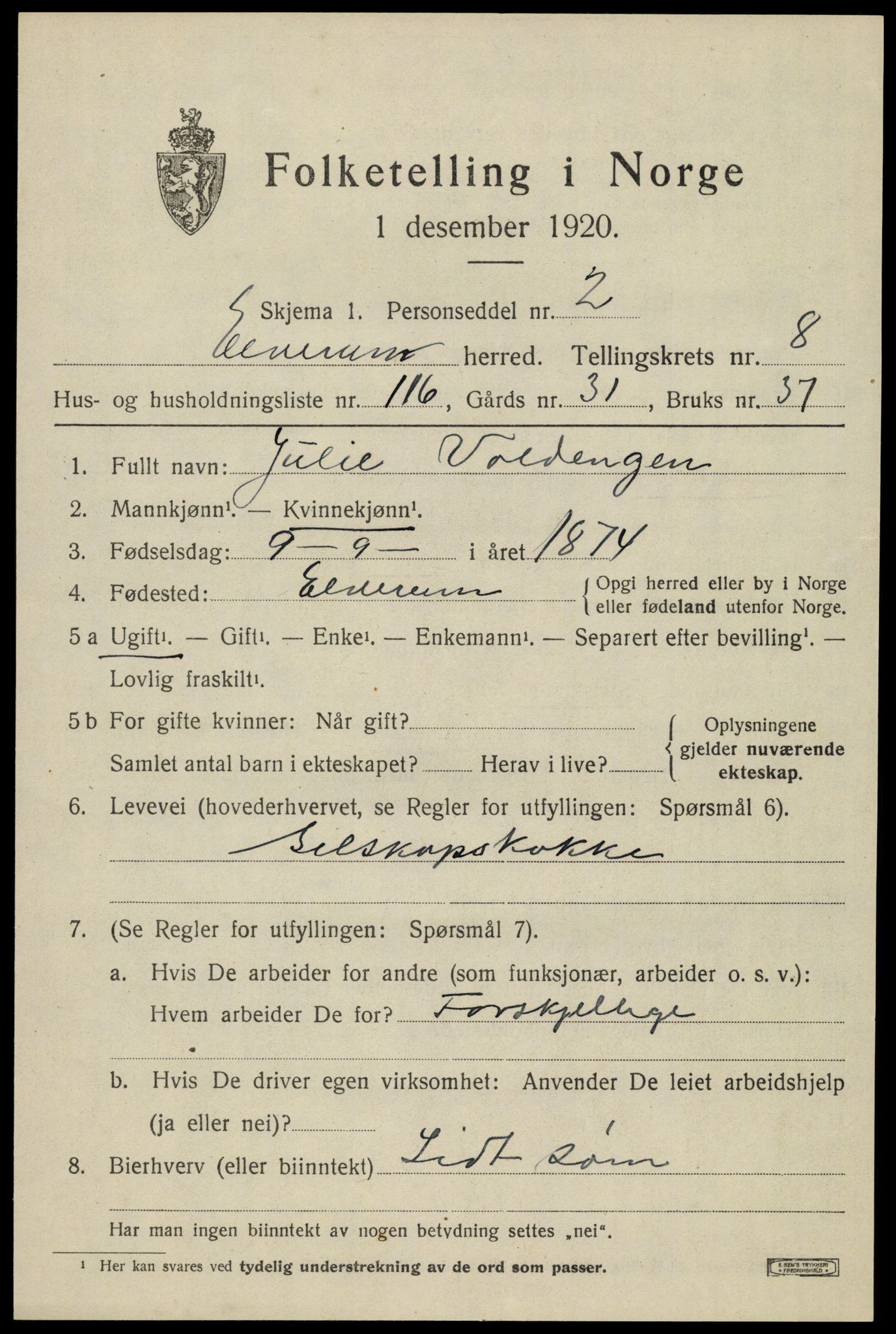 SAH, 1920 census for Elverum, 1920, p. 15228