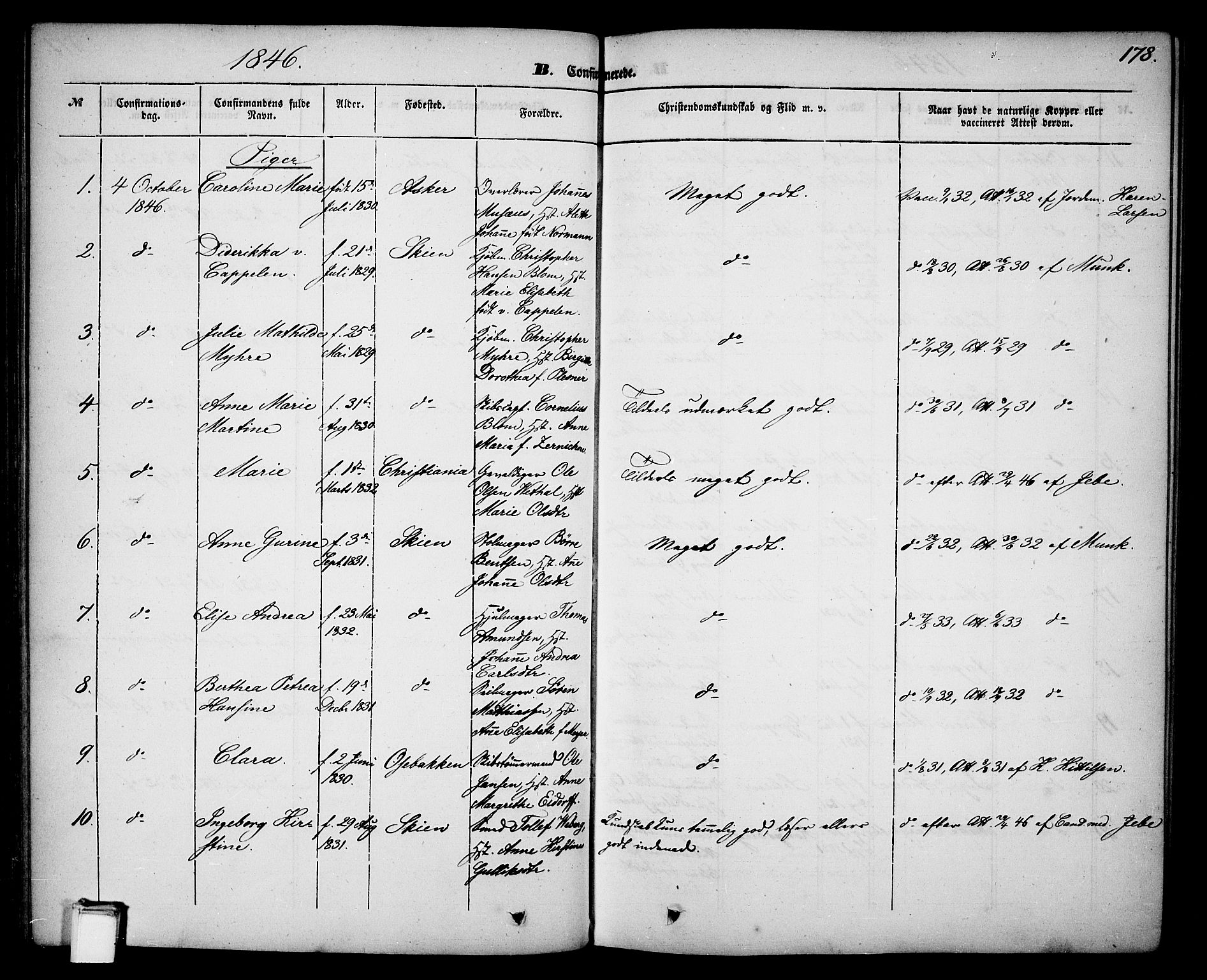 Skien kirkebøker, AV/SAKO-A-302/G/Ga/L0004: Parish register (copy) no. 4, 1843-1867, p. 178