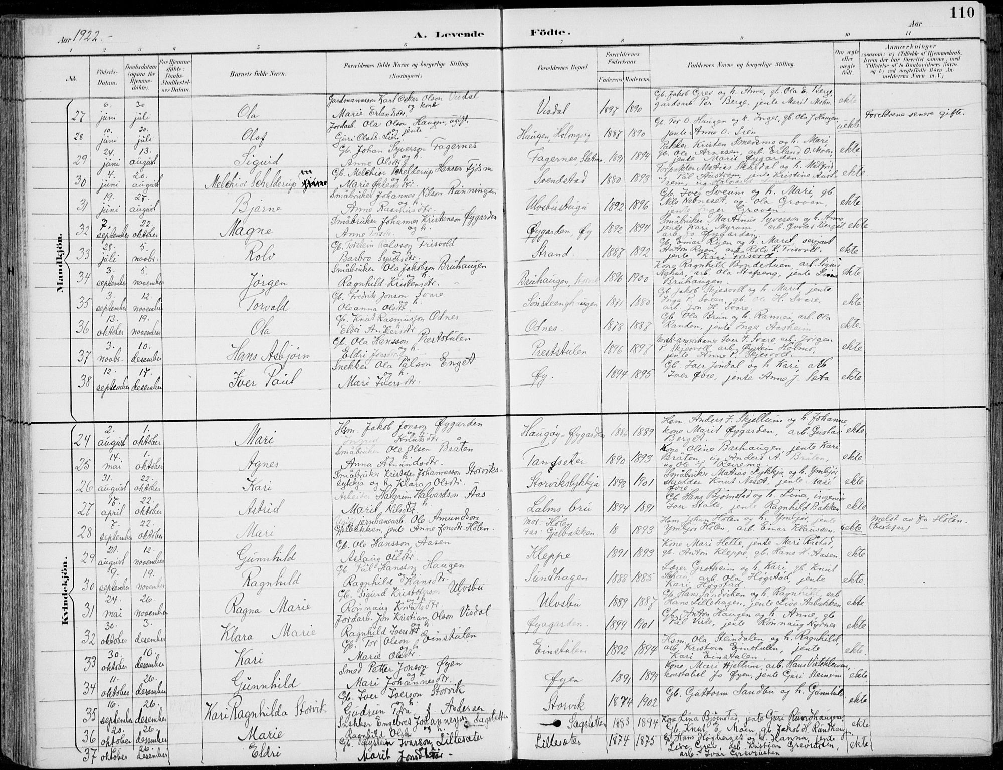 Vågå prestekontor, SAH/PREST-076/H/Ha/Hab/L0002: Parish register (copy) no. 2, 1894-1939, p. 110