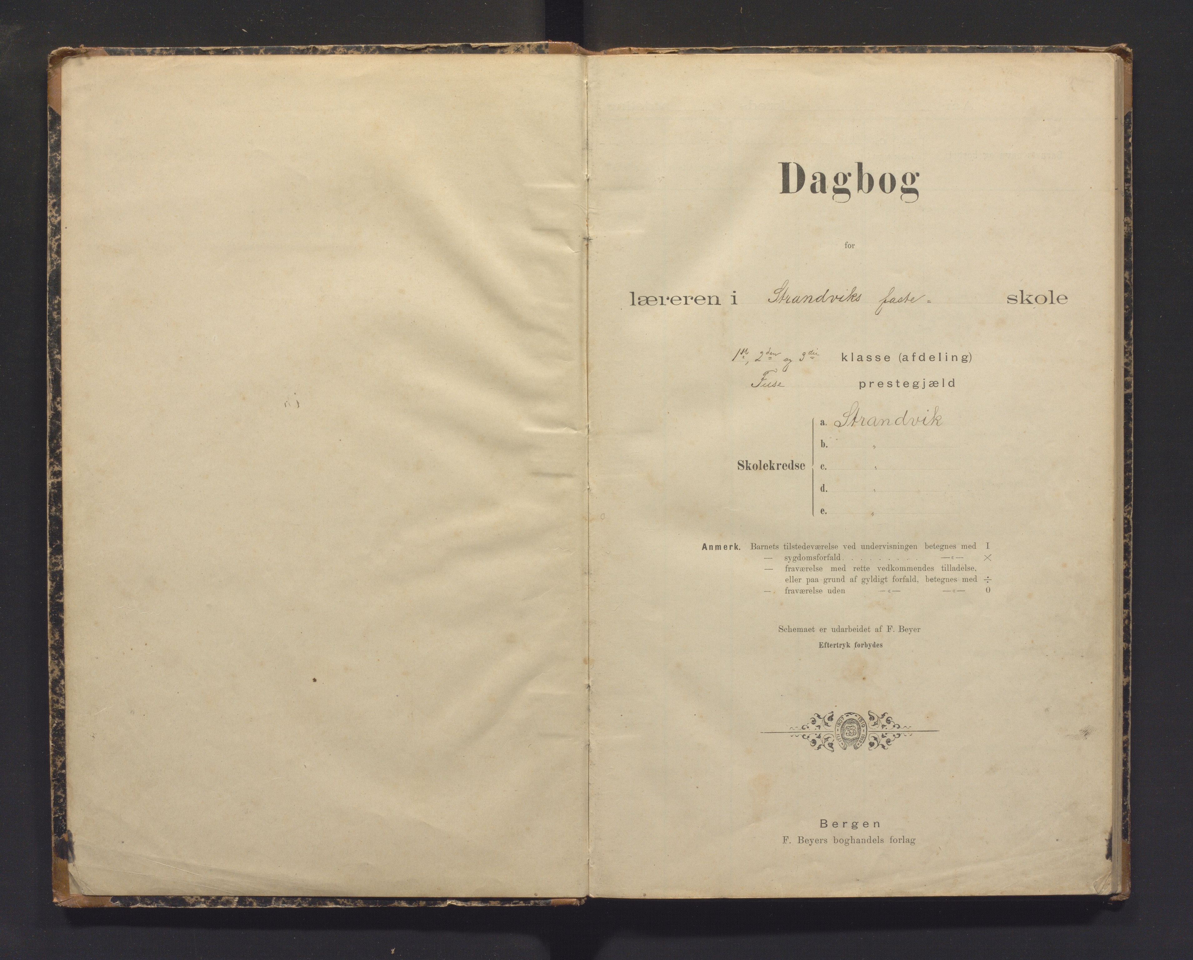 Strandvik kommune. Barneskulane, IKAH/1240-231/G/Ga/L0004: Dagbok for læraren i Strandvik faste skole, 1896-1907