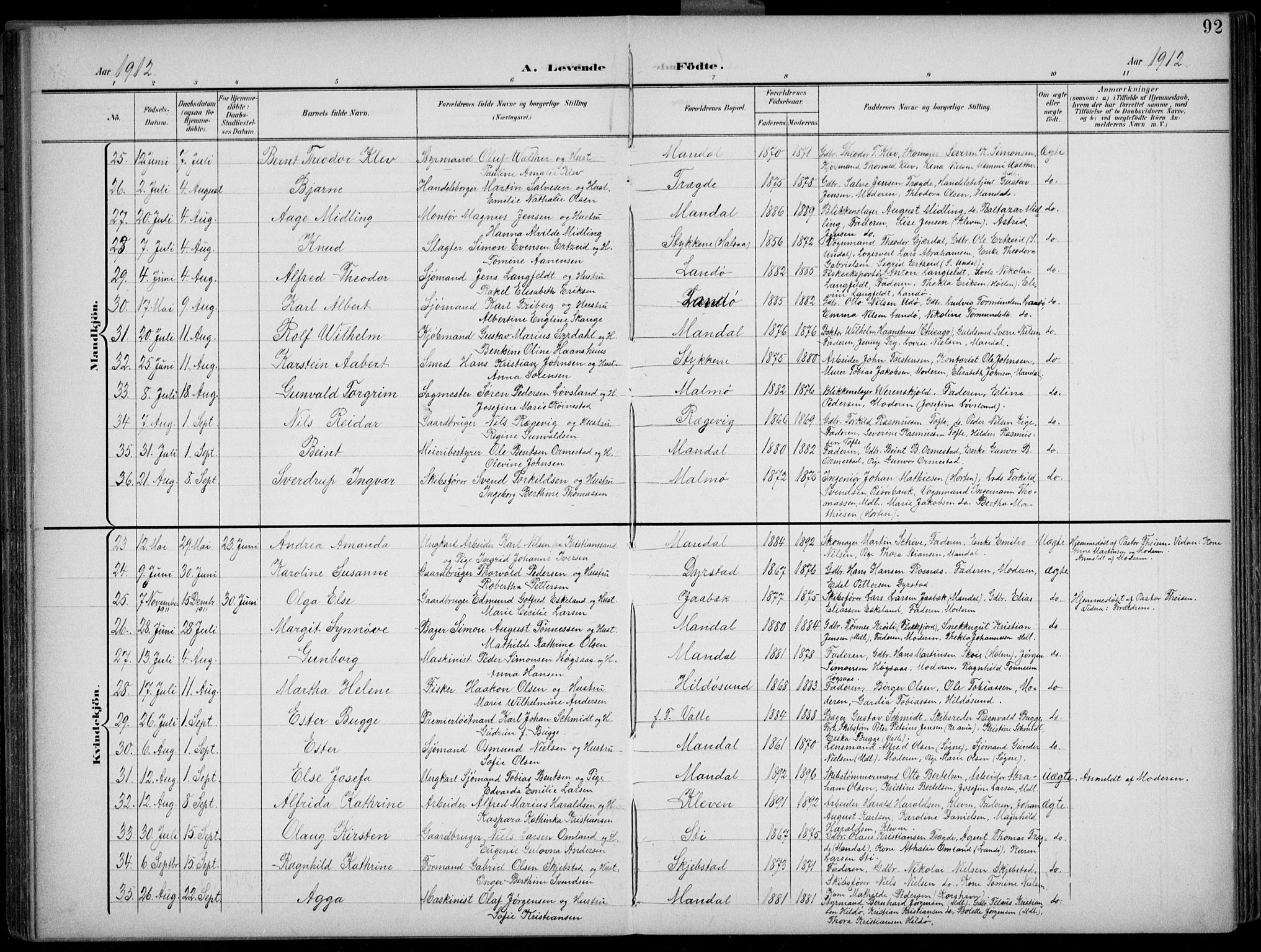 Mandal sokneprestkontor, AV/SAK-1111-0030/F/Fb/Fba/L0012: Parish register (copy) no. B 6, 1899-1918, p. 92