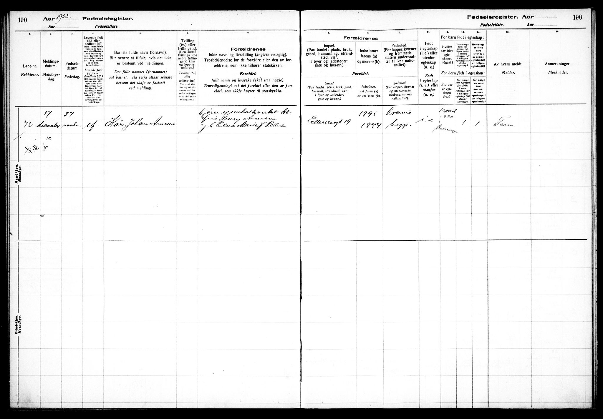 Vålerengen prestekontor Kirkebøker, SAO/A-10878/J/Ja/L0001: Birth register no. 1, 1916-1924, p. 190