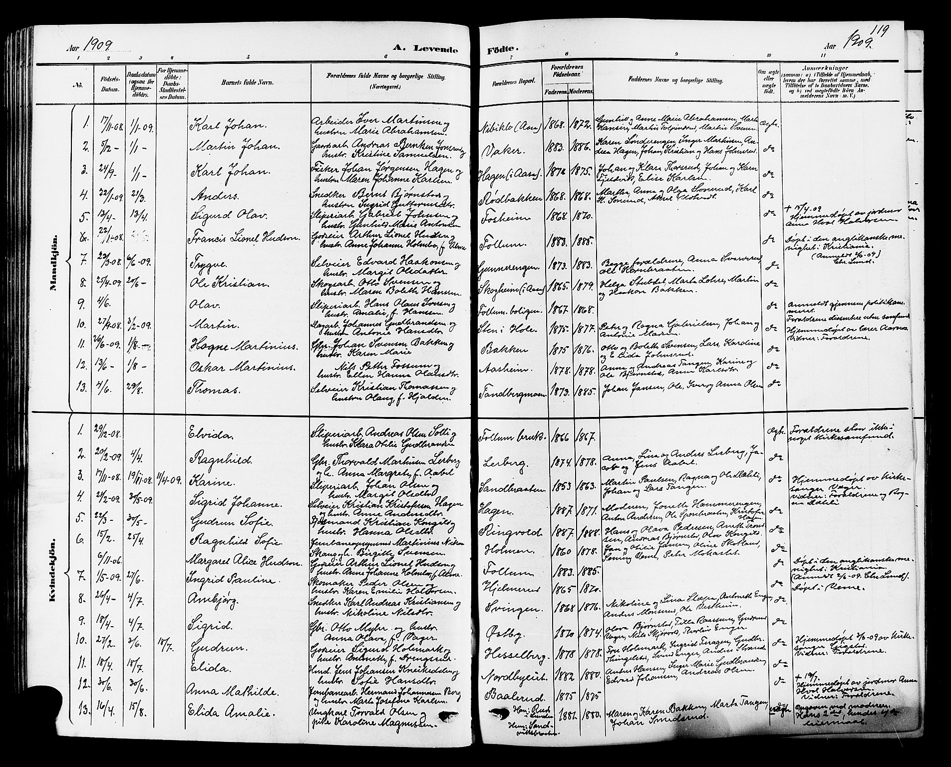Norderhov kirkebøker, SAKO/A-237/G/Ga/L0008: Parish register (copy) no. I 8, 1887-1912, p. 119