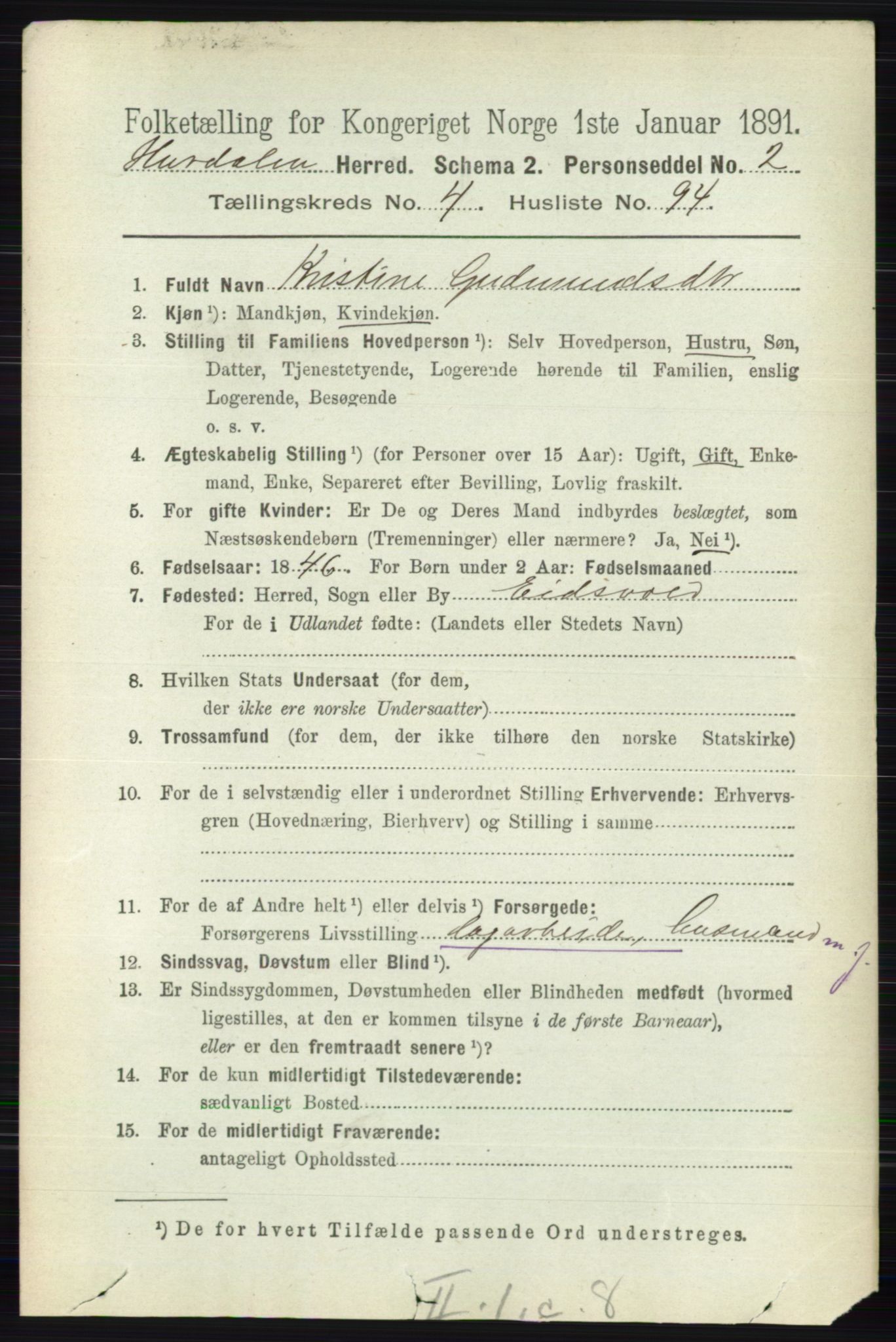 RA, 1891 census for 0239 Hurdal, 1891, p. 1990