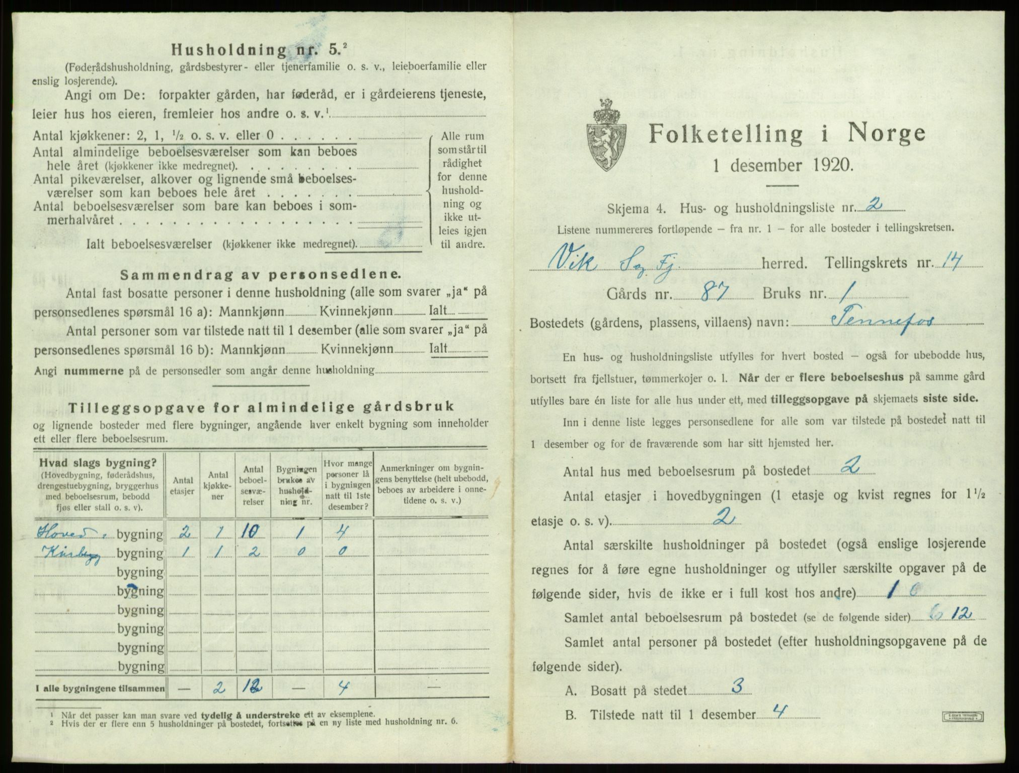 SAB, 1920 census for Vik, 1920, p. 1175