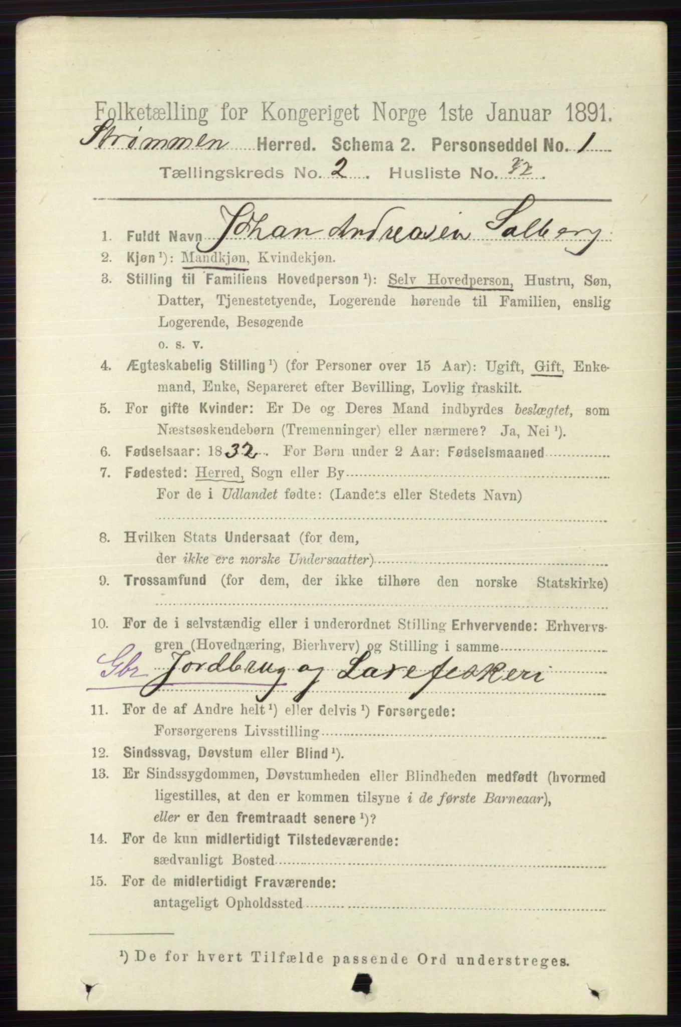 RA, 1891 census for 0711 Strømm, 1891, p. 879