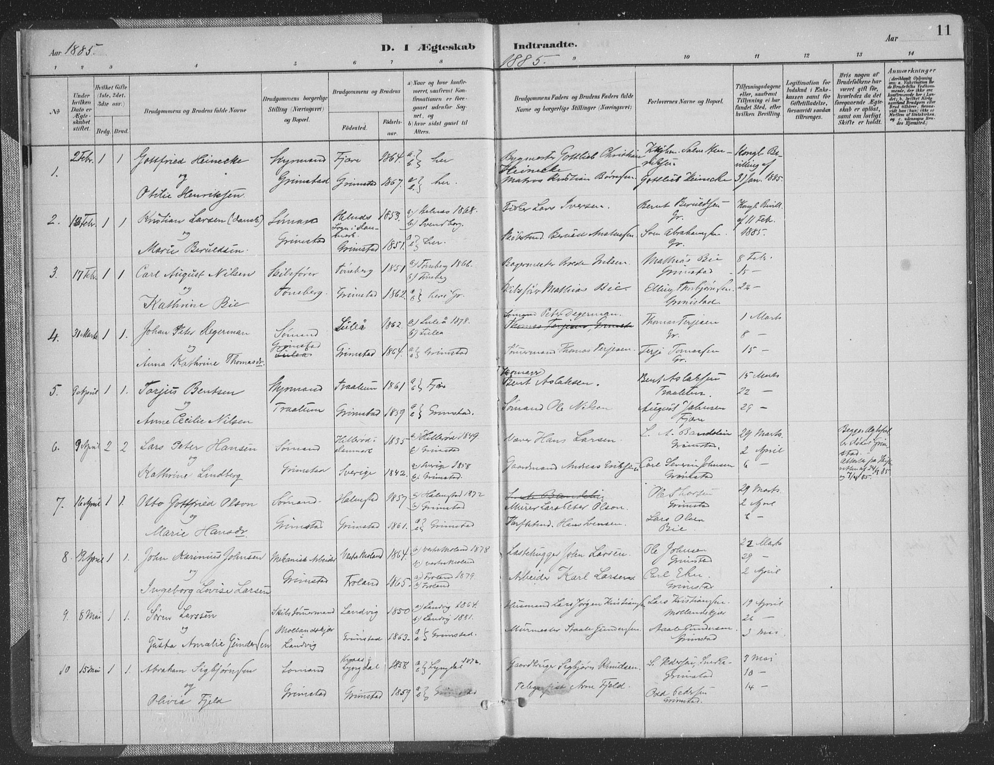 Grimstad sokneprestkontor, SAK/1111-0017/F/Fa/L0004: Parish register (official) no. A 3, 1882-1910, p. 11