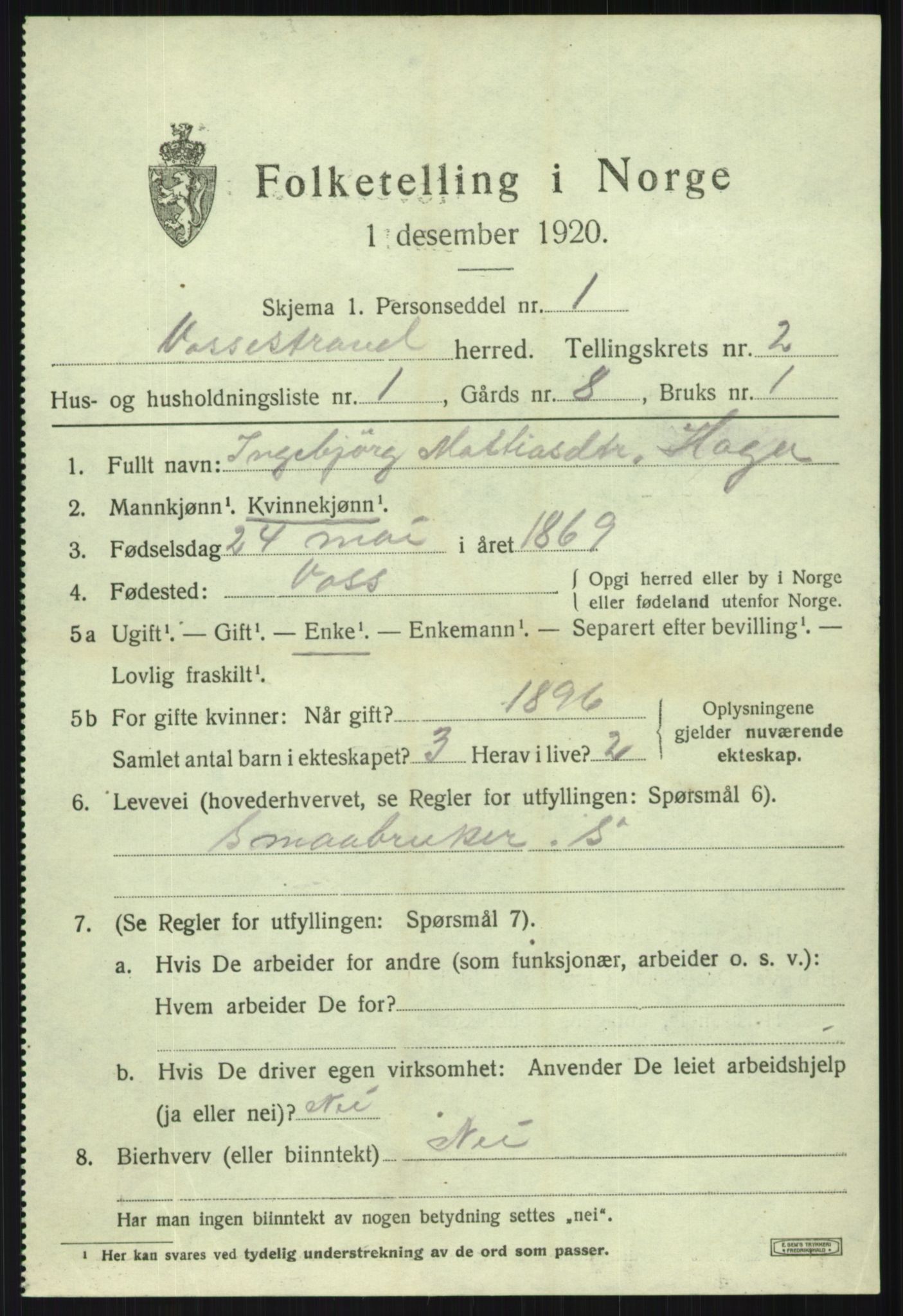 SAB, 1920 census for Vossestrand, 1920, p. 1110